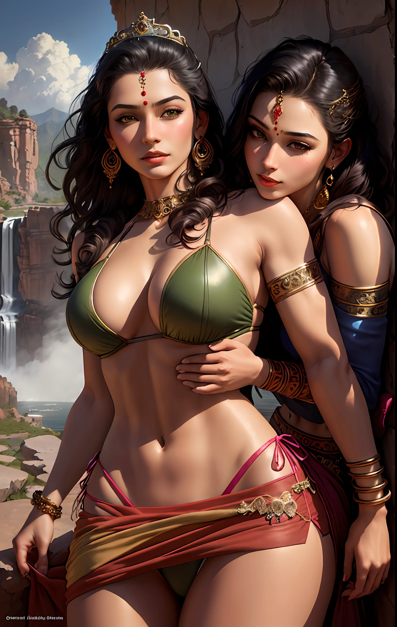 ((realistic:1.5)),((best quality)), ((masterpiece)),((detailed)), (1girl), {a beautiful female wearing, (upper body:1.3),super-wide-angle lens,face focus, mature,sexy,toned muscles,long legs,curvy, barefoot, medium breasts, open cleavage, drooping breasts, thick thighs,wide hips, thin legs, green eyes,long black hair,floting hair,long eyelashes, (detailed face,beautiful eye, detailed pupilss,detailed clothes features, clear background:1.3), (Bindi,Jhumkas:1.3), (Armlet, Haar, Payal,Maang Tikka,Jhumkas,Kamarband,Bangles:1.3), mysterious ancient ruin, lush forests, deep canyons,bridge,river,cliff,cloud, lakes,rock,waterfalls, flowers, grass, fog,vine,tree, smoke, best shadow,bright details,sharp,perfect composistion, Intricate, Sharp focus, dramatic, by Frank Frazetta,by Julie Bell,by Olivia De Berardinis,by Luis Royo,by boris vallejo, (specular lighting:1.3),rim light, princesses, royal skimpy topless, hugging and touching each other, teasing her friend's belly, teasing her friend's buttocks, blushing friend, biting her friend's ear lobe, hugging from behind, touching her friend's breasts from below