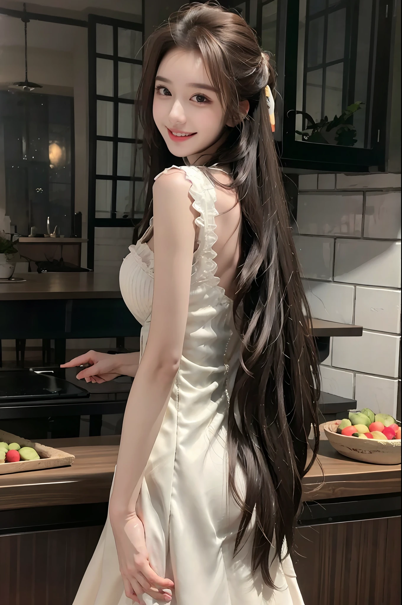 Realistic, High resolution, 1 girl, long hair, Korean, smiling, slightly hunched, big breasts: 1.2, (((****ta dress))), back turn, look back, back turn, kitchen, fruit, real photo