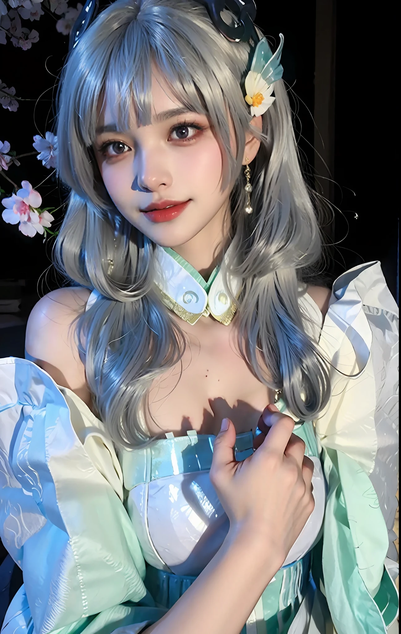 (ulzzang-6500-v1.1:0.8),(raw photo:1.2),((photorealistic:1.4)),(upper body),best quality,masterpiece, very delicate and beautiful, very detailed, CG, unity, 8k wallpaper , amazing, fine detail, masterpiece, best quality, official art, extremely detailed CG unity 8k wallpaper, ridiculous, unbelievably ridiculous, huge file size, super detailed, high resolution, very detailed, beautifully detailed girl, very detailed eyes and face, beautiful detailed eyes, light on the face, movie lighting, 1 girl, looking at the audience, east asian architecture, (blurred background: 1.2), cherry blossoms, lantern lights, depth of field,