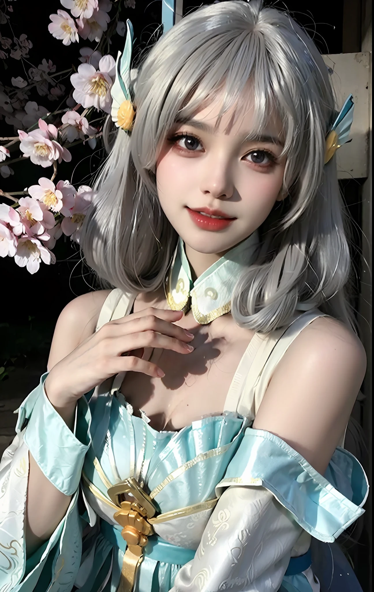 (ulzzang-6500-v1.1:0.8),(raw photo:1.2),((photorealistic:1.4)),(upper body),best quality,masterpiece, very delicate and beautiful, very detailed, CG, unity, 8k wallpaper , amazing, fine detail, masterpiece, best quality, official art, extremely detailed CG unity 8k wallpaper, ridiculous, unbelievably ridiculous, huge file size, super detailed, high resolution, very detailed, beautifully detailed girl, very detailed eyes and face, beautiful detailed eyes, light on the face, movie lighting, 1 girl, looking at the audience, east asian architecture, (blurred background: 1.2), cherry blossoms, lantern lights, depth of field,