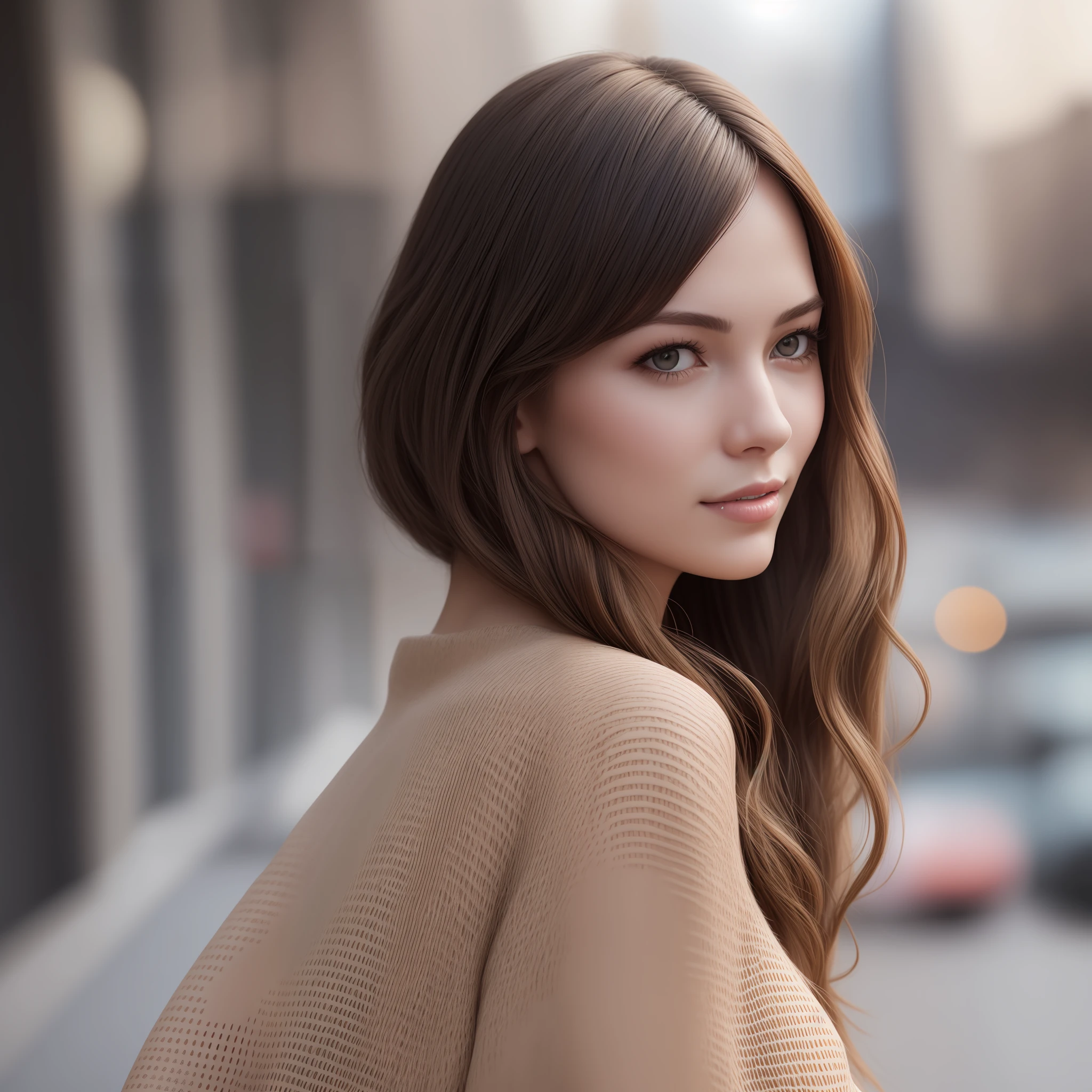 "A realistic photo showcasing a woman in a casual dress with lifelike skin texture."