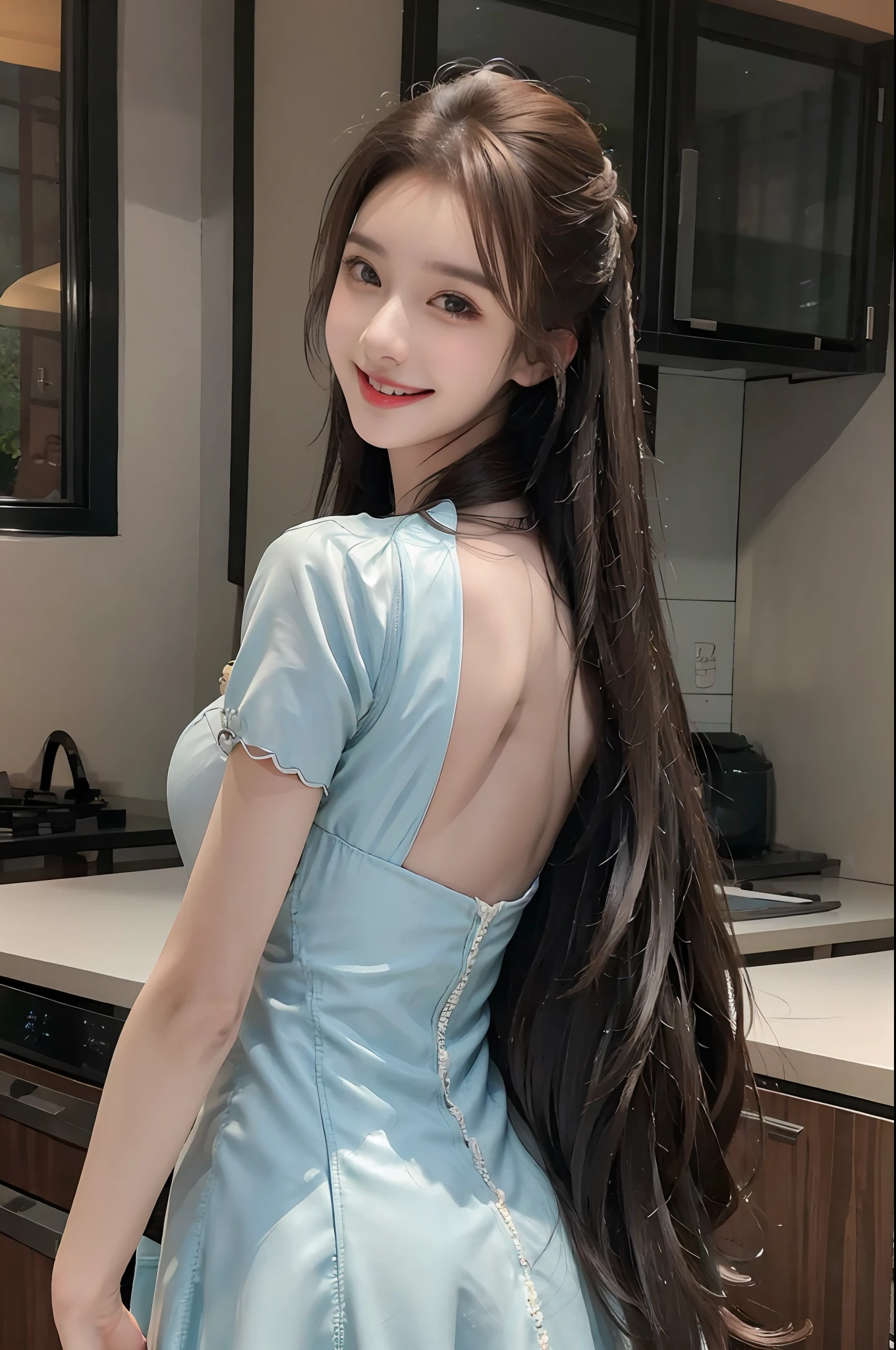 Realistic, High resolution, 1 girl, long hair, Korean, smiling, slightly hunched, big breasts: 1.2, (((Lolita dress))), back turn, look back, back turn, kitchen, fruit, real photo