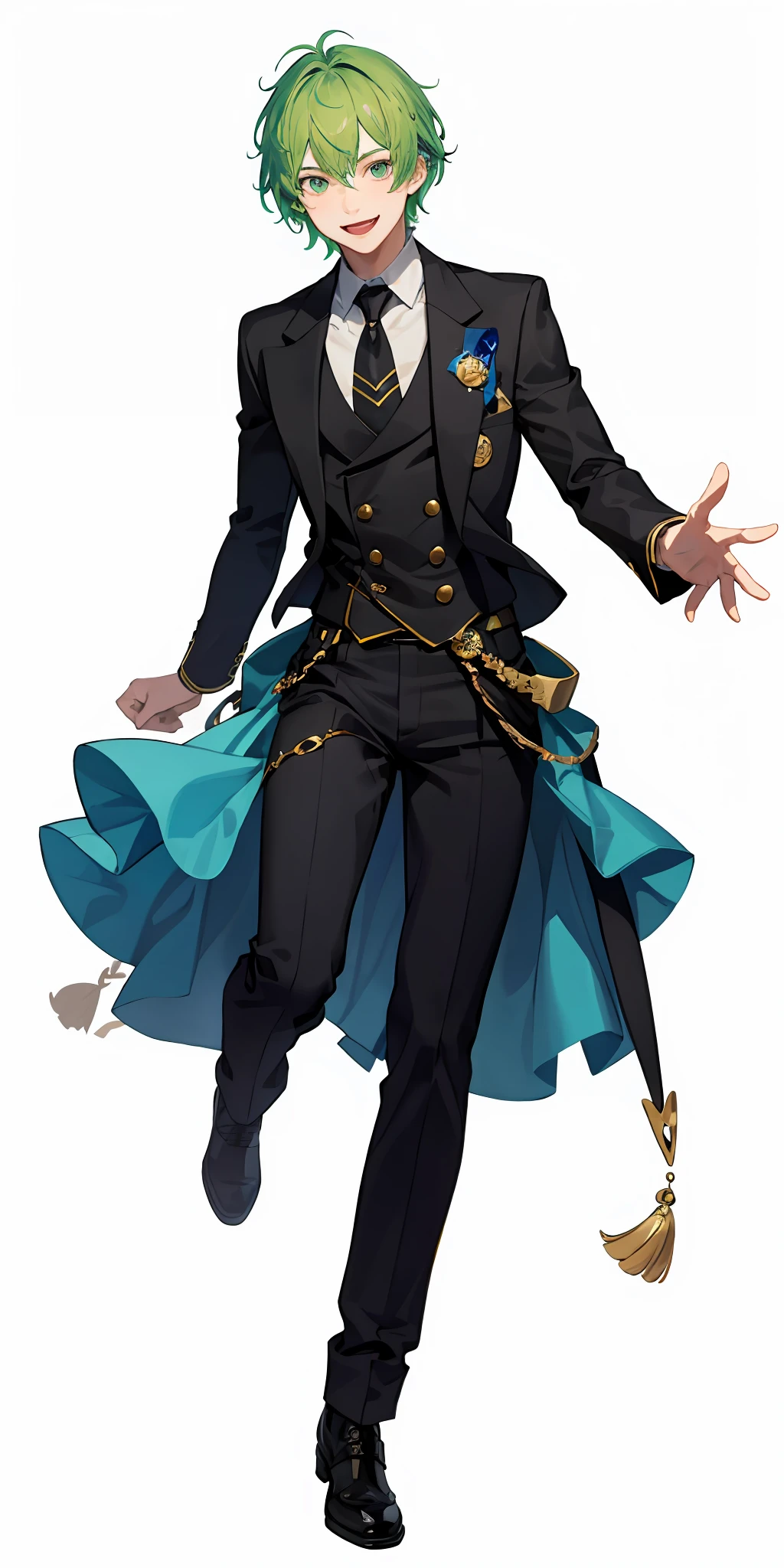 Semi-realistic,1boy,scary clothes,white background,clown,full body,killer,light green hair,smiling