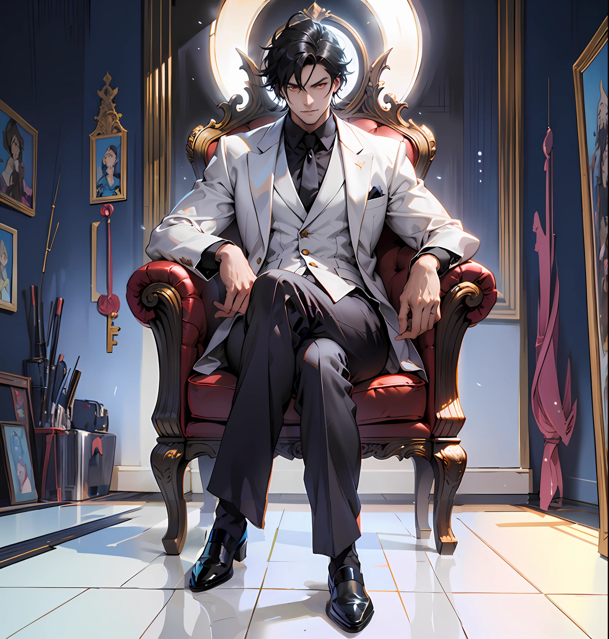 anime character sitting on a red chair in a room, anime key visual of elegant, epic and classy portrait, detailed key anime art, highly detailed exquisite fanart, handsome anime pose, high detailed official artwork, detailed digital anime art, detailed anime character art, high detail iconic character, detailed anime artwork, detailed fanart, royal elegant pose, clean detailed anime art, detailed anime art