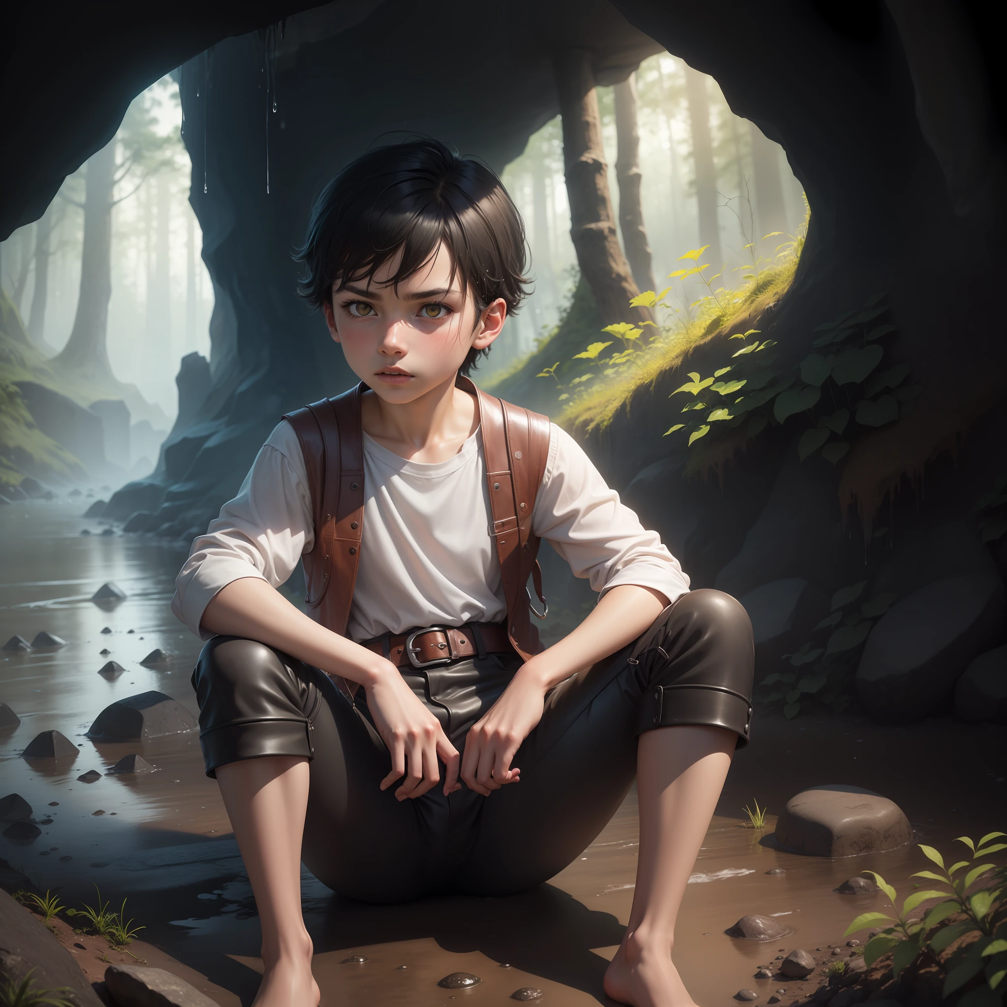 High quality realistic Anime style, high definition high quality realistic, shaded, photorealism, Ray tracing, 8k, uhd, masterpiece, small male kid (around 9yo) alone, young small body, peasent medieval clothes white shirt with belts and leather pants, dirty clothes, black hair, distinguish and strong colored yellow eyes, sitting holding his ones, with cold, on the entrance of a cave, strong rain, dark mood, strong tempest, serious and lost expression. Stone cave in a Forrest surrounded by rain and no sunlight, bonfire