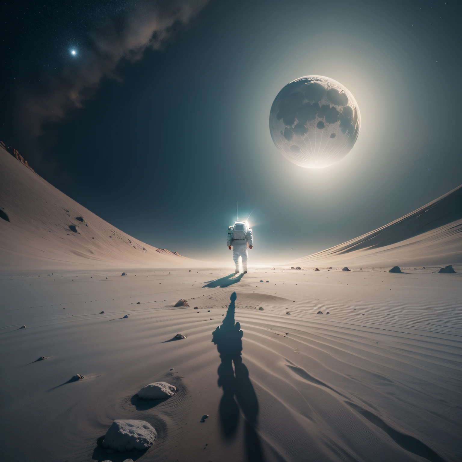 cinematic image, high quality, shadows and real lights, 8k, an astronaut walking on the surface of the moon waving to a flying saucer that is hovering in front of him with mysterious lights