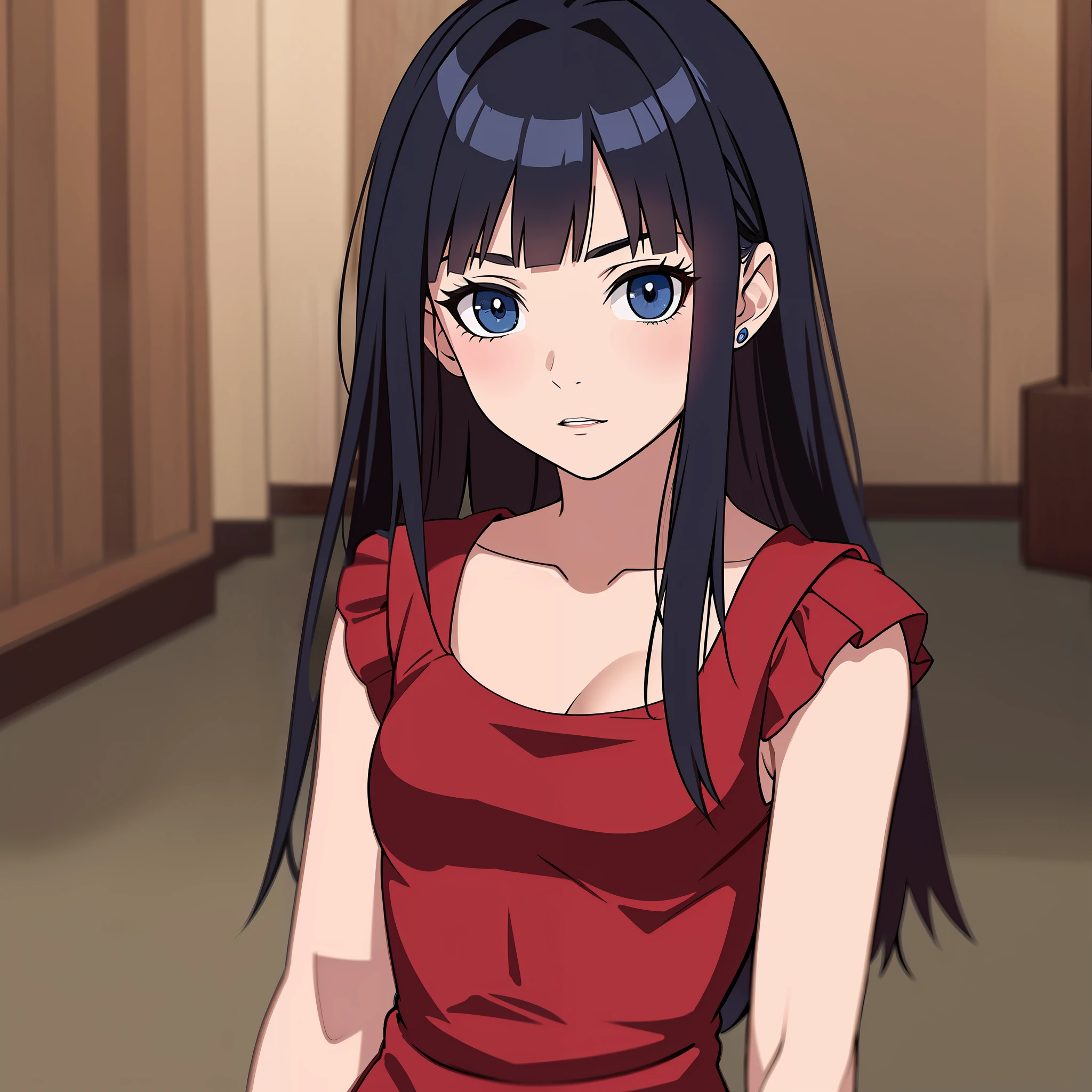 black hair, blue eyes, small bust, normal size, red dress, cute, woman, staring at camera