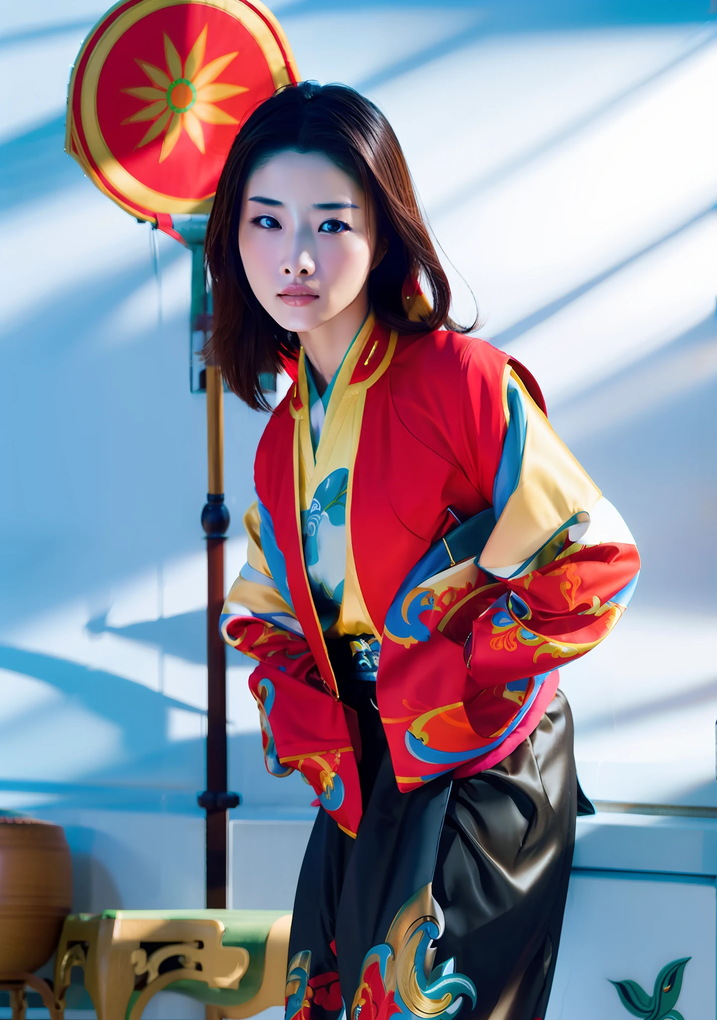 1girl, Mulan Disney, Black Short Hair, Black Hair, short hair, realistic, ultra detail, use red jacket, 70mm lens, big breast