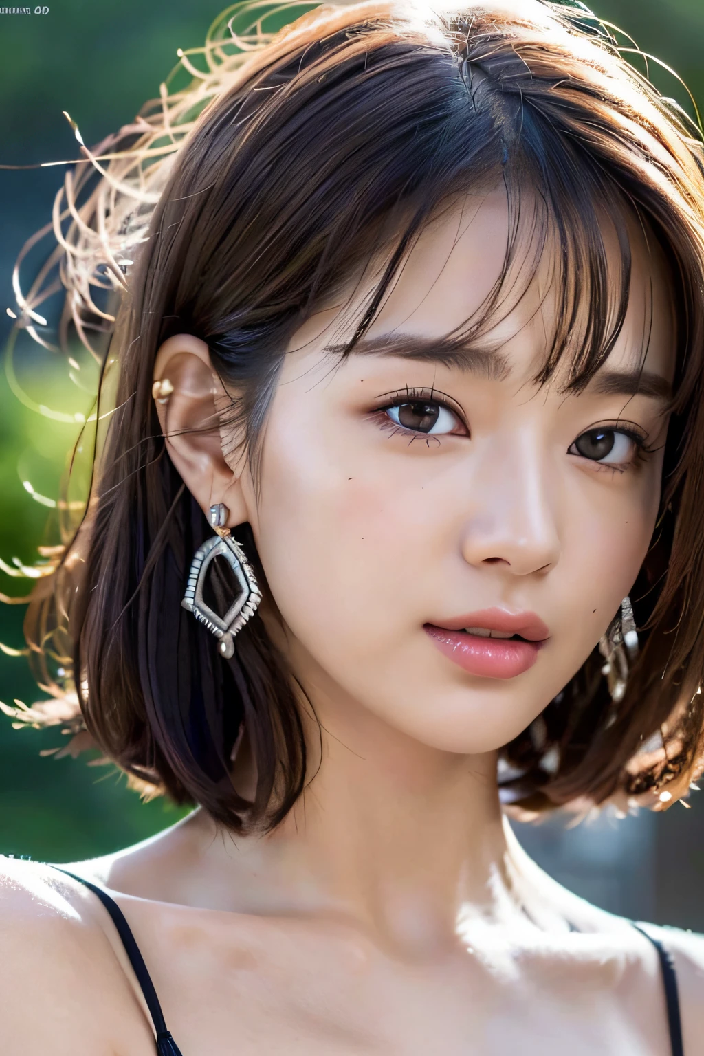 (Top Quality, Masterpiece: 1.2), Women, Portrait, Bra, (RAW Photo, Realistic, Photorealistic: 1.3), (8K, High Resolution, Ultra Detail: 1.2), (Perfect ???????), (Focus on the face, avert gaze), (Detailed eyebrows, Realistic Single Eyelids, Detailed Beautiful: 1.2), (Crying Kuroko, pierced in one ear), (Small breasts: 1.3), (Bob Hair, No Bangs), (Detailed Shadowing, High Contrast: 1.2), Upper (Best Quality, Masterpiece: 1.2), Women, Portrait, Bra, Outdoor Body, Outdoor