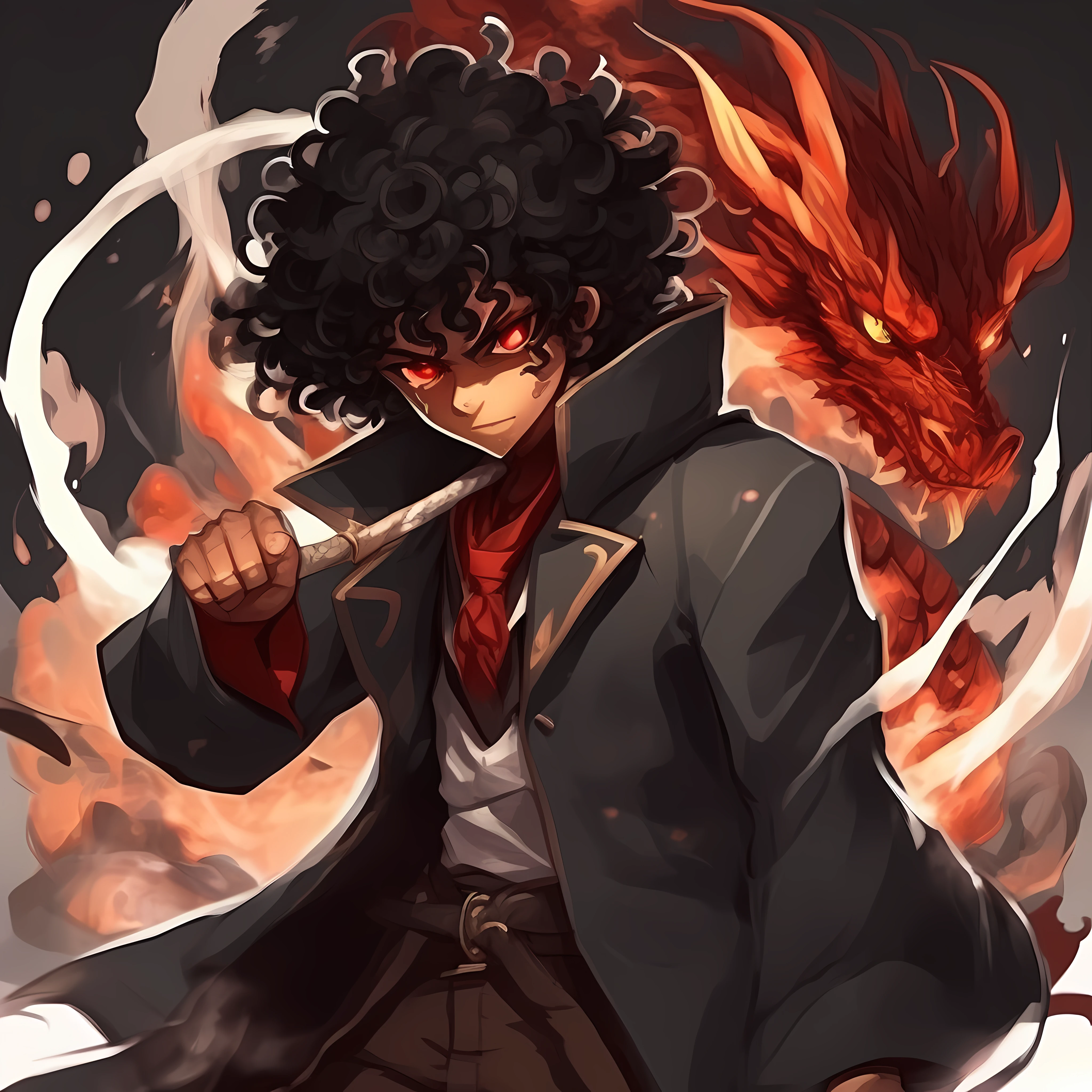 (((Anime character, black curly hair, pulled eye, brown skin, dragon tattoos on the arms, scar on the left eye, red eyes, magic staff on the left hand, black overcoat, full body, animation, 2D art, digital ART, anime style, high quality))), fighting position, dragon
spitting smoke, fighting magic, advance, fight