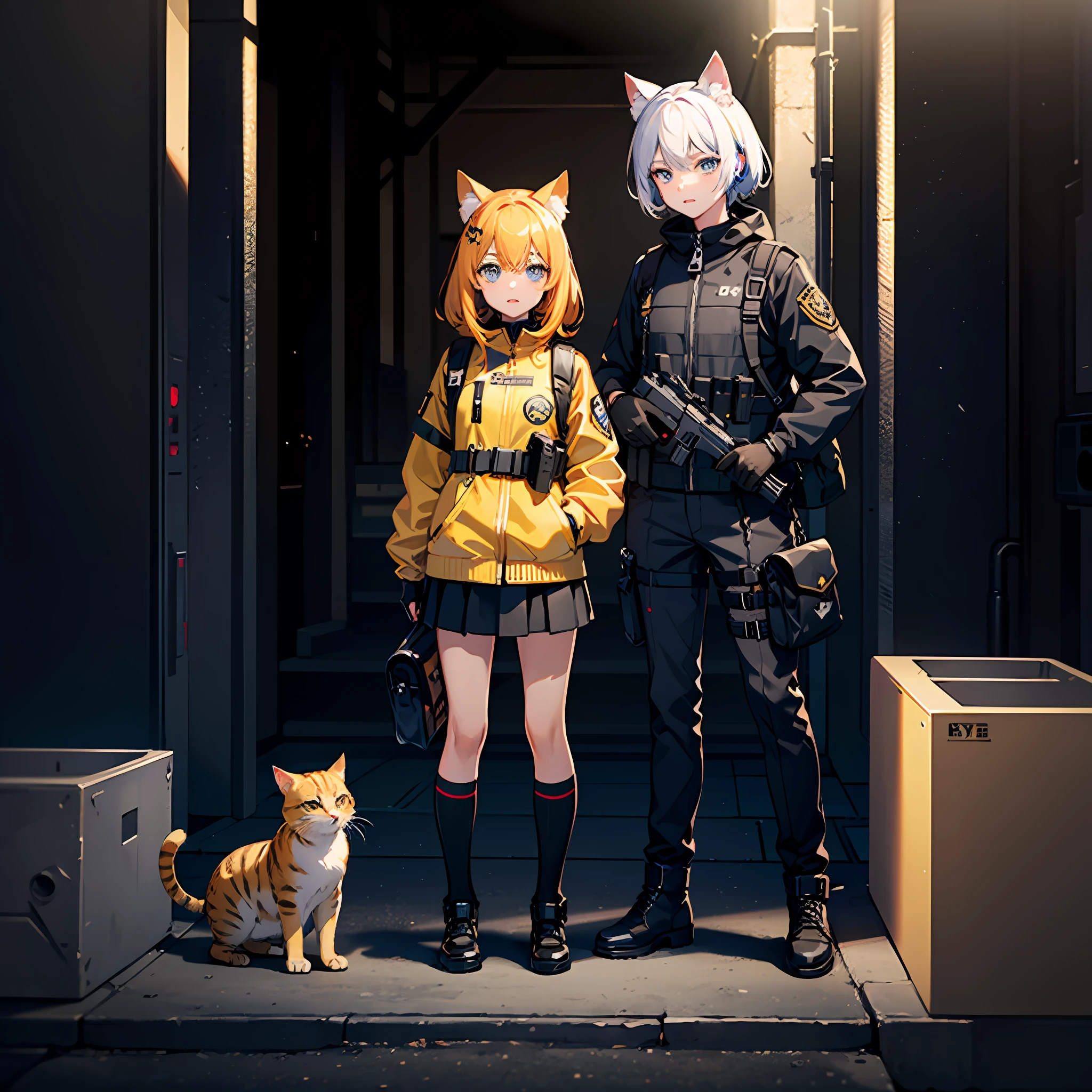 ((high quality)), ((masterpiece)), 8k, 1girls, bulletproof vest, light, extremely detailed CG unity 8k wallpaper, game cg, looking at the audience, gloves, boots, full body, watch, computer, yellow cat ears, blue eyes, yellow hair, mask, drone, holding a firearm, wearing headphones, black jacket, bag, backpack,