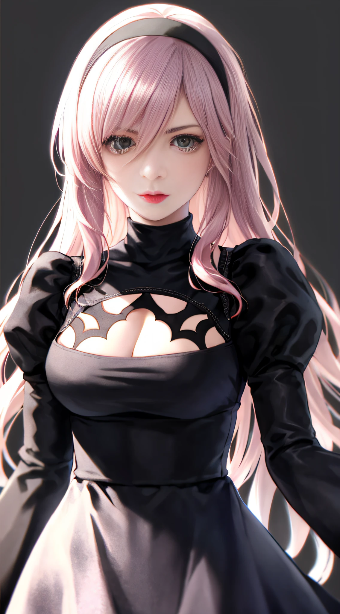 Yorra didn't. 2 Type B, 1girl, Wlop, breasts, neckline, neckline cutout, clothing cutout, Shinobi clothes, Dark background, hair between eyes, Hair Band, Highres, Juliet Sleeves, Long Sleeves, Nier (series), Nier Automata, Puffy Sleeves, Red Lips, Shaded Face, Long Wavy Pink Hair, Solo, Purple Dress with Black Details, 8K