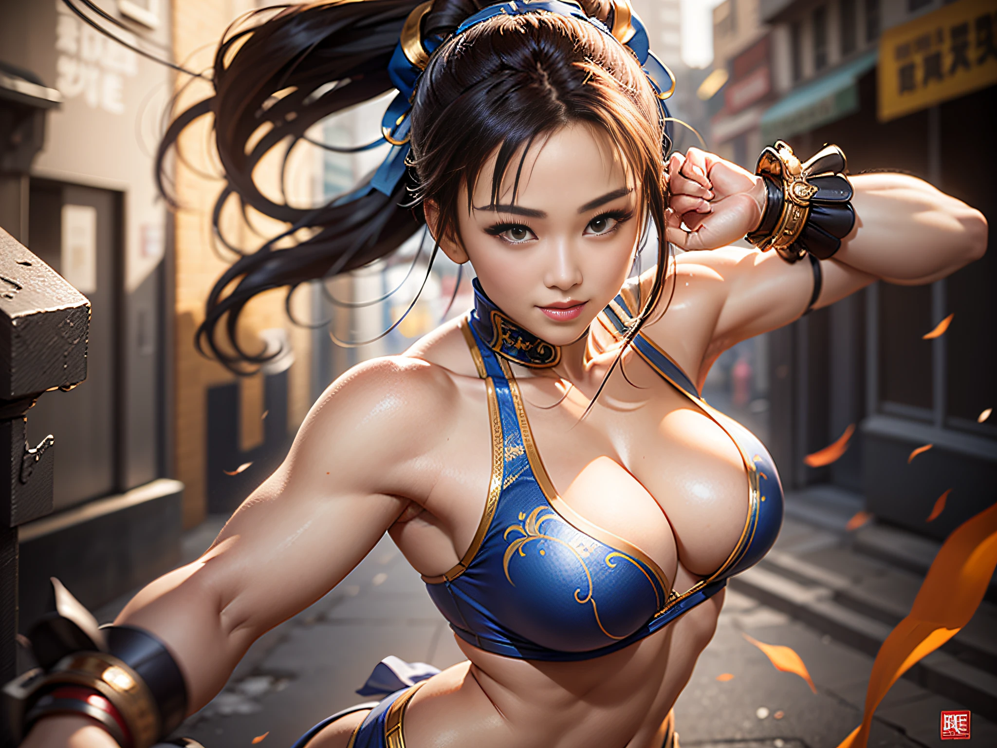 masterpiece, ultra high quality, ultra high definition, 8K, totally realistic, Chun-Li Zhang, extremely beautiful, alone, full body, highly detailed face, fully detailed eyes, perfect eyes, perfect features, very beautiful body, perfect body, cheerful smile, posing, Street Fighters