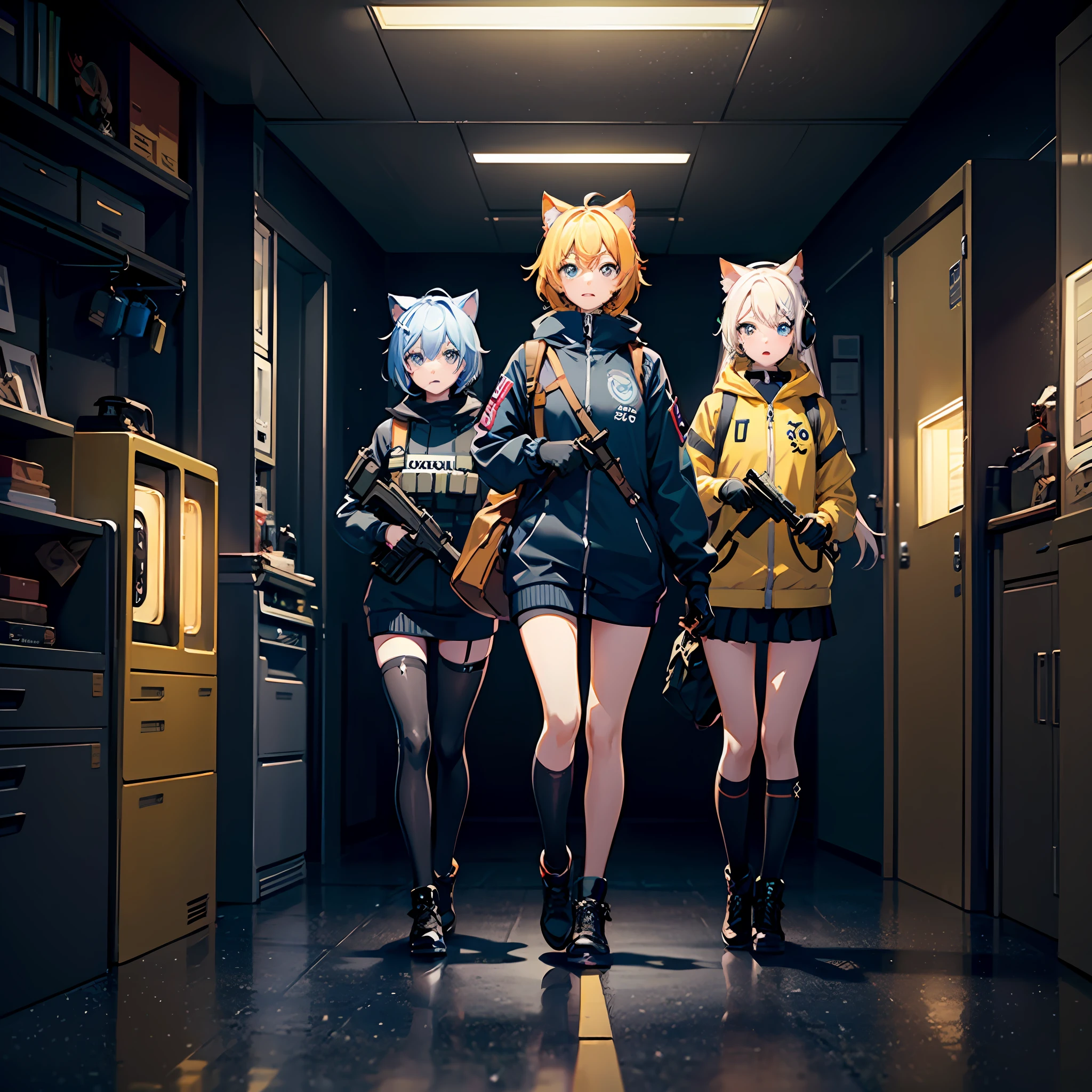 ((high quality)), ((masterpiece)), 8k, 1girls, bulletproof vest, light, extremely detailed CG unity 8k wallpaper, game cg, looking at the audience, gloves, boots, full body, watch, computer, yellow cat ears, blue eyes, yellow hair, mask, drone, holding a firearm, wearing headphones, black jacket, bag, backpack,