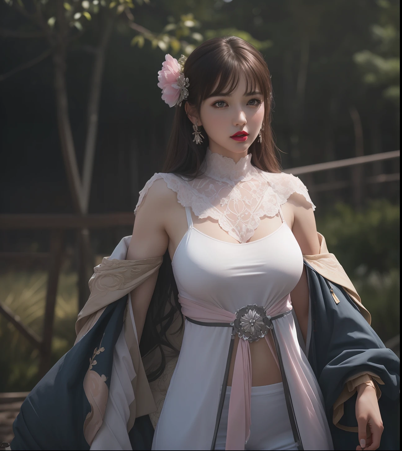 (masterpiece, best quality, extremely detailed 8k, ultra hd, ultra-detailed, highly detailed, highly realistic, ultra-realistic, photo realistic), (1girl:1.5), (detailed realistic skin), (realistic big breasts), (pink lipstick), slender abs,