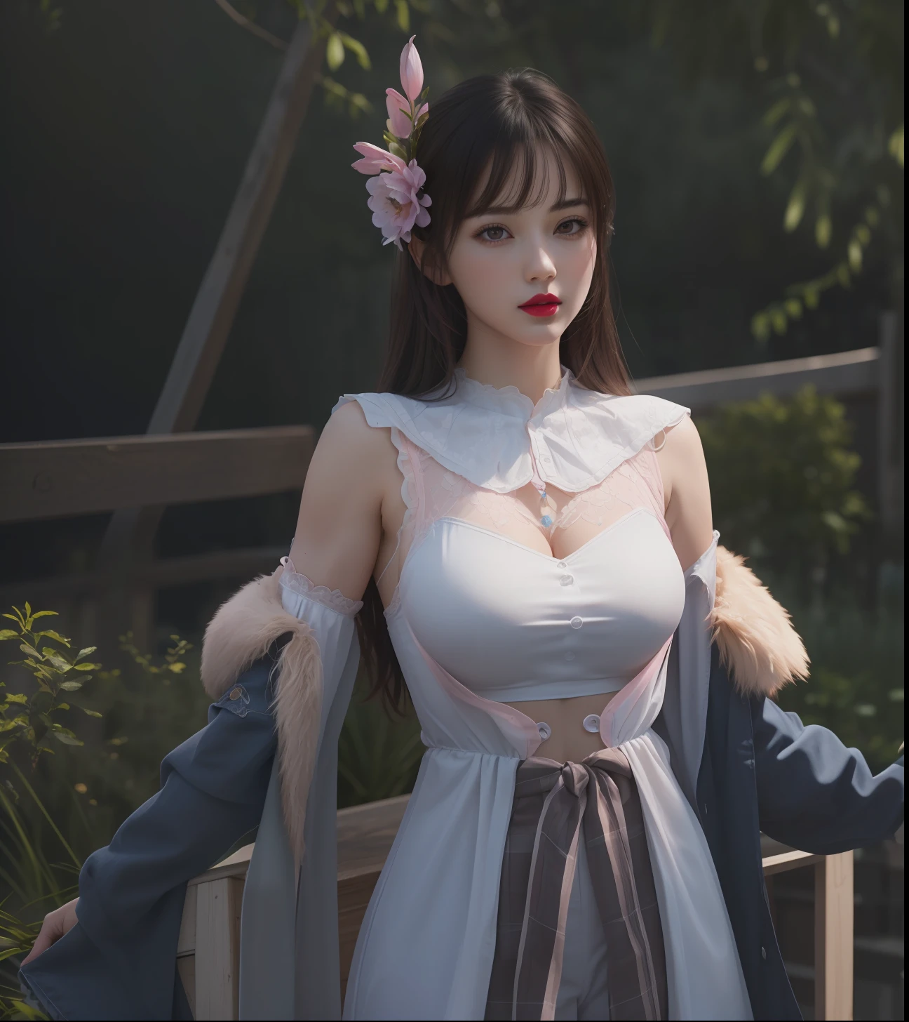 (masterpiece, best quality, extremely detailed 8k, ultra hd, ultra-detailed, highly detailed, highly realistic, ultra-realistic, photo realistic), (1girl:1.5), (detailed realistic skin), (realistic big breasts), (pink lipstick), slender abs,
