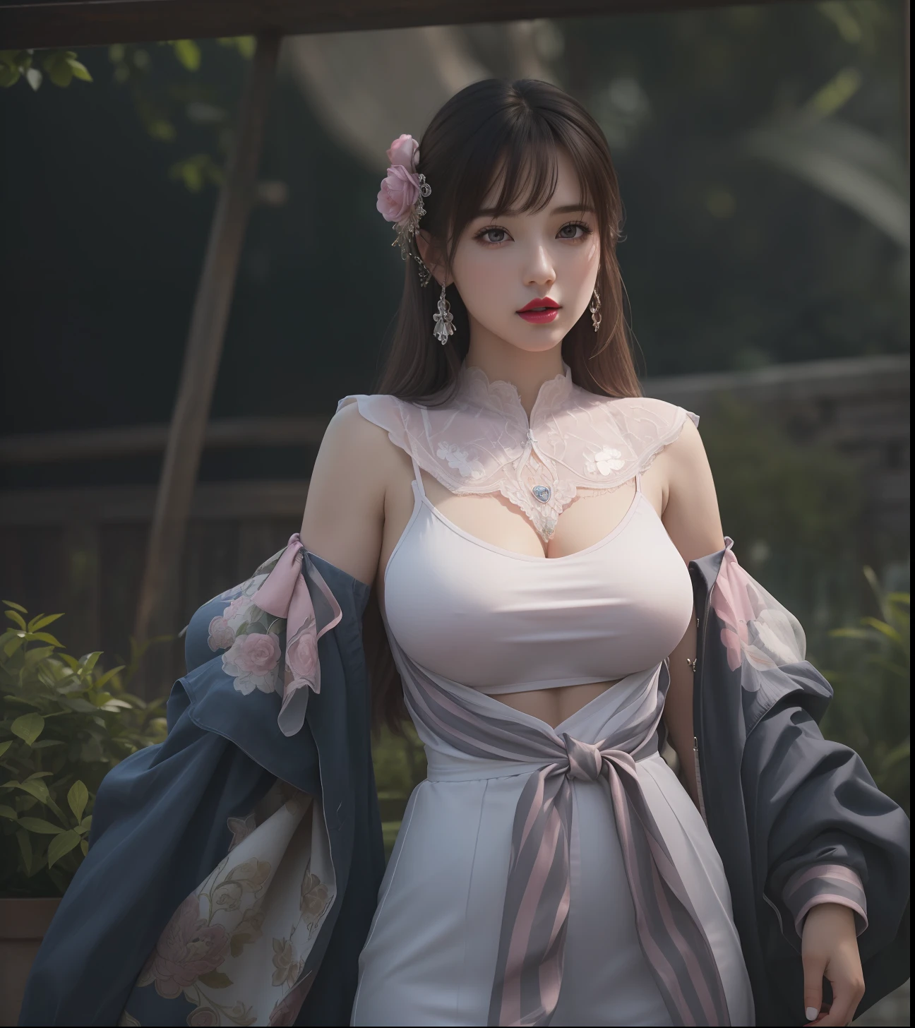 (masterpiece, best quality, extremely detailed 8k, ultra hd, ultra-detailed, highly detailed, highly realistic, ultra-realistic, photo realistic), (1girl:1.5), (detailed realistic skin), (realistic big breasts), (pink lipstick), slender abs,