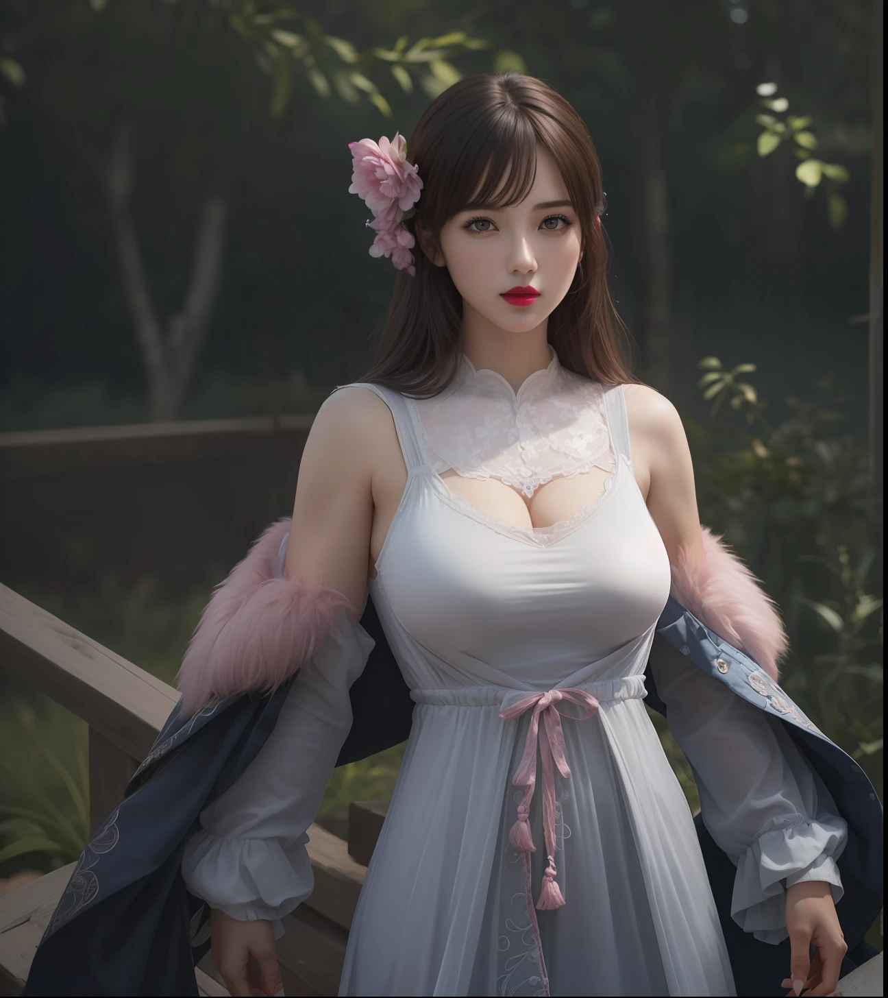 (masterpiece, best quality, extremely detailed 8k, ultra hd, ultra-detailed, highly detailed, highly realistic, ultra-realistic, photo realistic), (1girl:1.5), (detailed realistic skin), (realistic big breasts), (pink lipstick), slender abs,