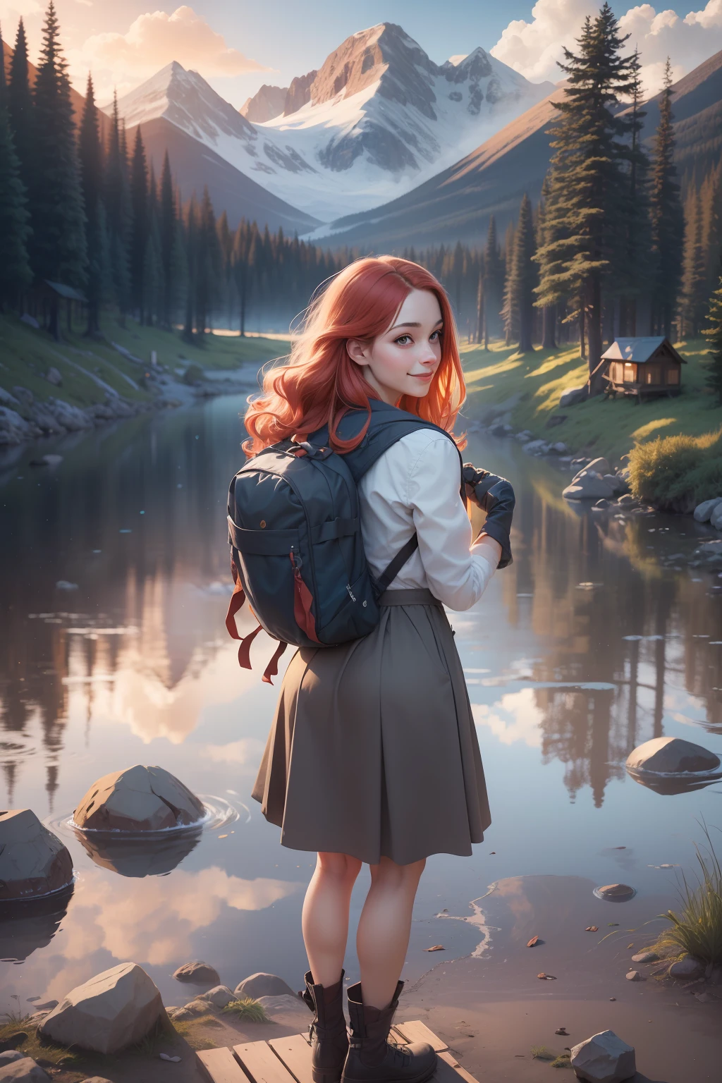 1 woman, red hair with blonde locks, skirt, cold blouse ((full body, standing, back, looking camera, smiling, happy)), masterpiece, best quality, perfect eyes, perfect hands, perfect legs, ultra-detailed, solo, outdoor, (sunset), mountains, nature, (stars, cloud) cheerful, happy, backpack, sleeping bag, camping stove, water bottle, tennis, gloves, lantern, forest, stones, river, wood, smoke, shadows, contrast, style, (warm hue, warm tone: 1.2), cinematic light, side lighting, ultra high resolution, best shade, RAW, wooden house, campfire