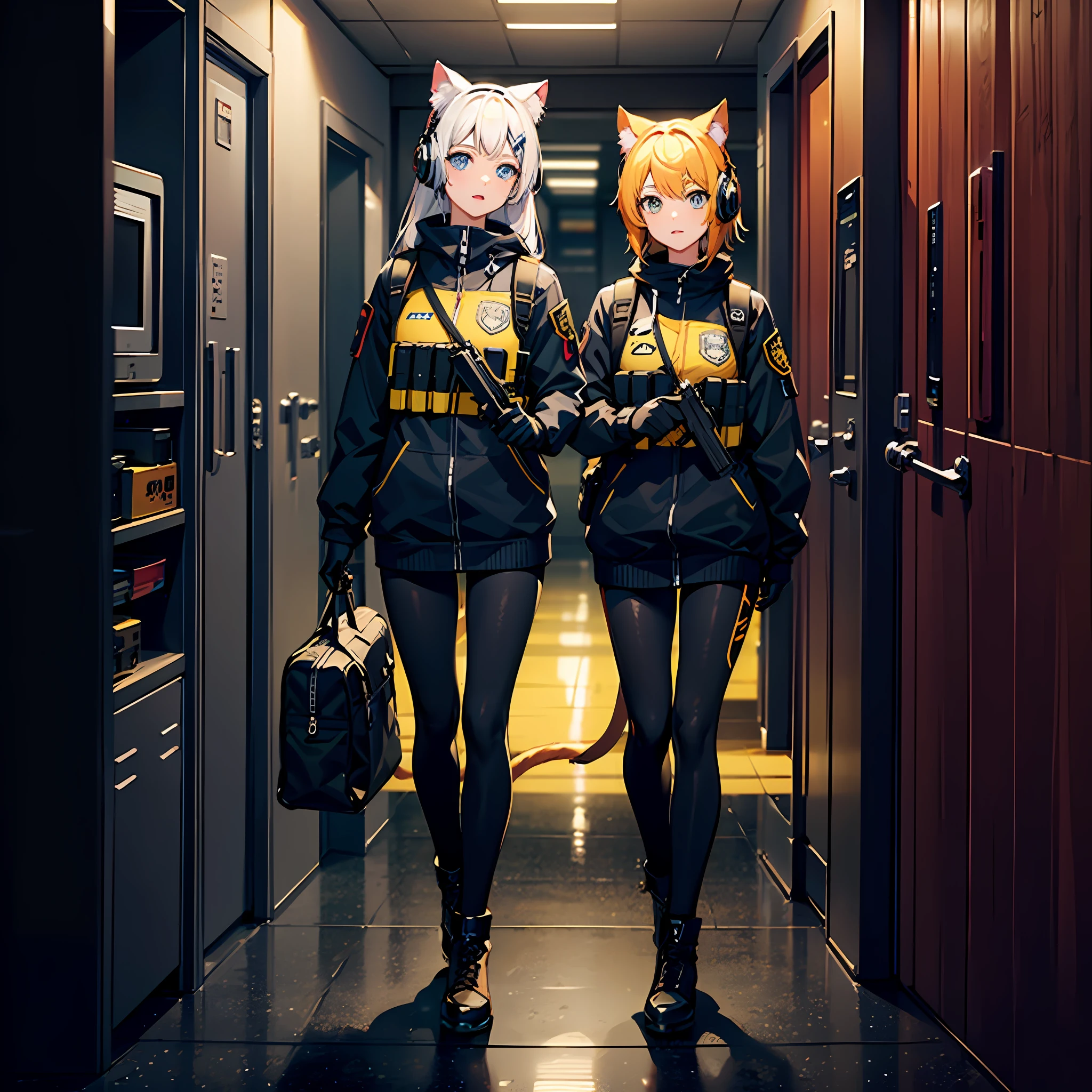 ((high quality)), ((masterpiece)), 8k, 1girls, bulletproof vest, light, extremely detailed CG unity 8k wallpaper, game cg, looking at the audience, gloves, boots, full body, watch, computer, yellow cat ears, blue eyes, yellow hair, mask, drone, holding a firearm, wearing headphones, black jacket, bag, backpack,