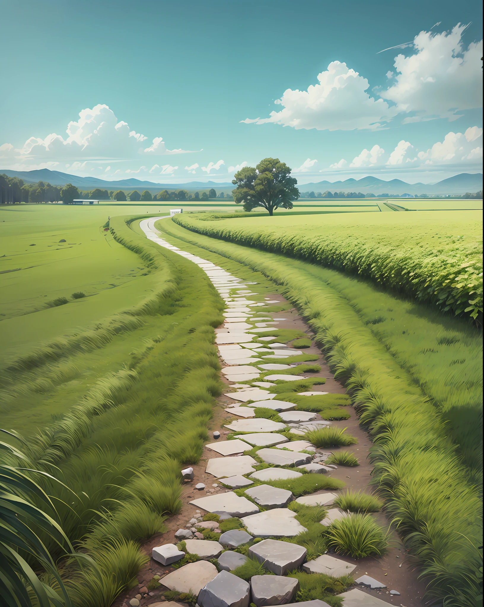 Road made of white stones with a grassy field see. realistic landscape --auto --s2