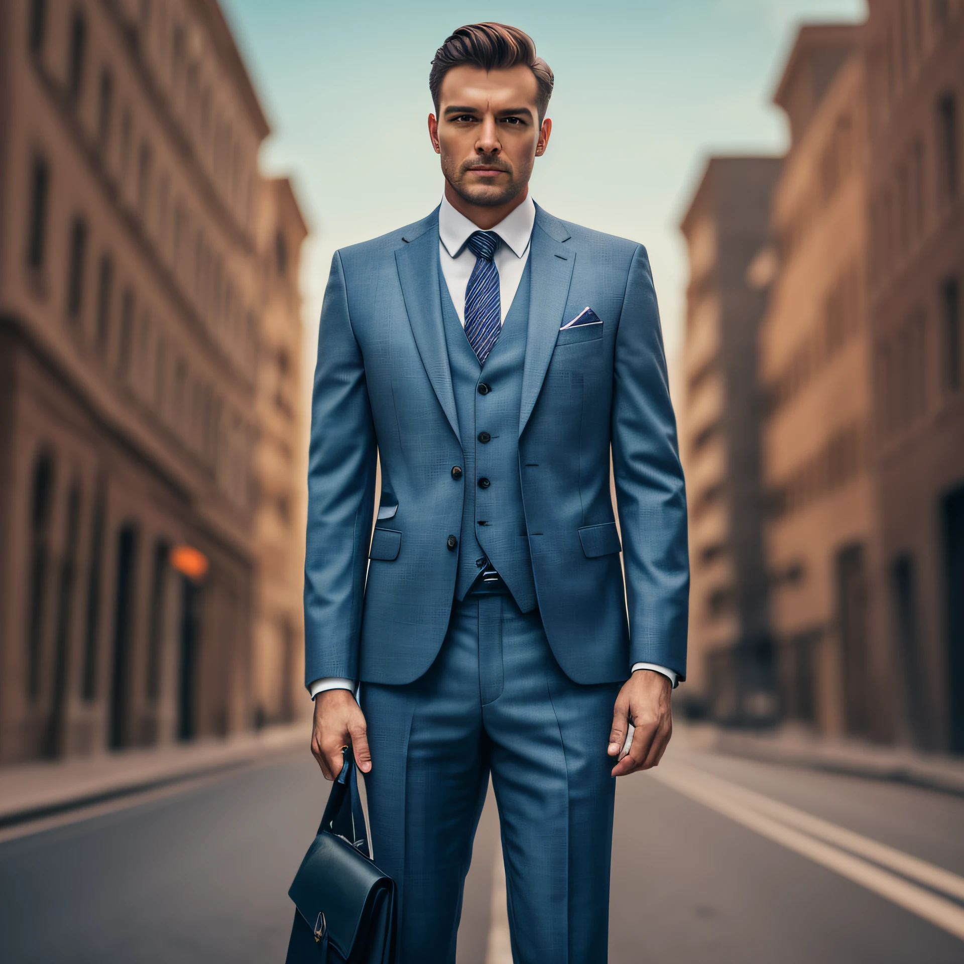 a Man standing with 30 years in suit and tie, body and head straight in the photo, DSRL, facing the viewer of the photo, eyes fixed to the lens, appears shoulders and head in the photo, man centered in the photo, 8k, best quality, masterpiece, realistic, realistic photo, movie photo, ultra realistic, 1 person, detailed, Perfect lighting, DSRL, professional photo, 4k
