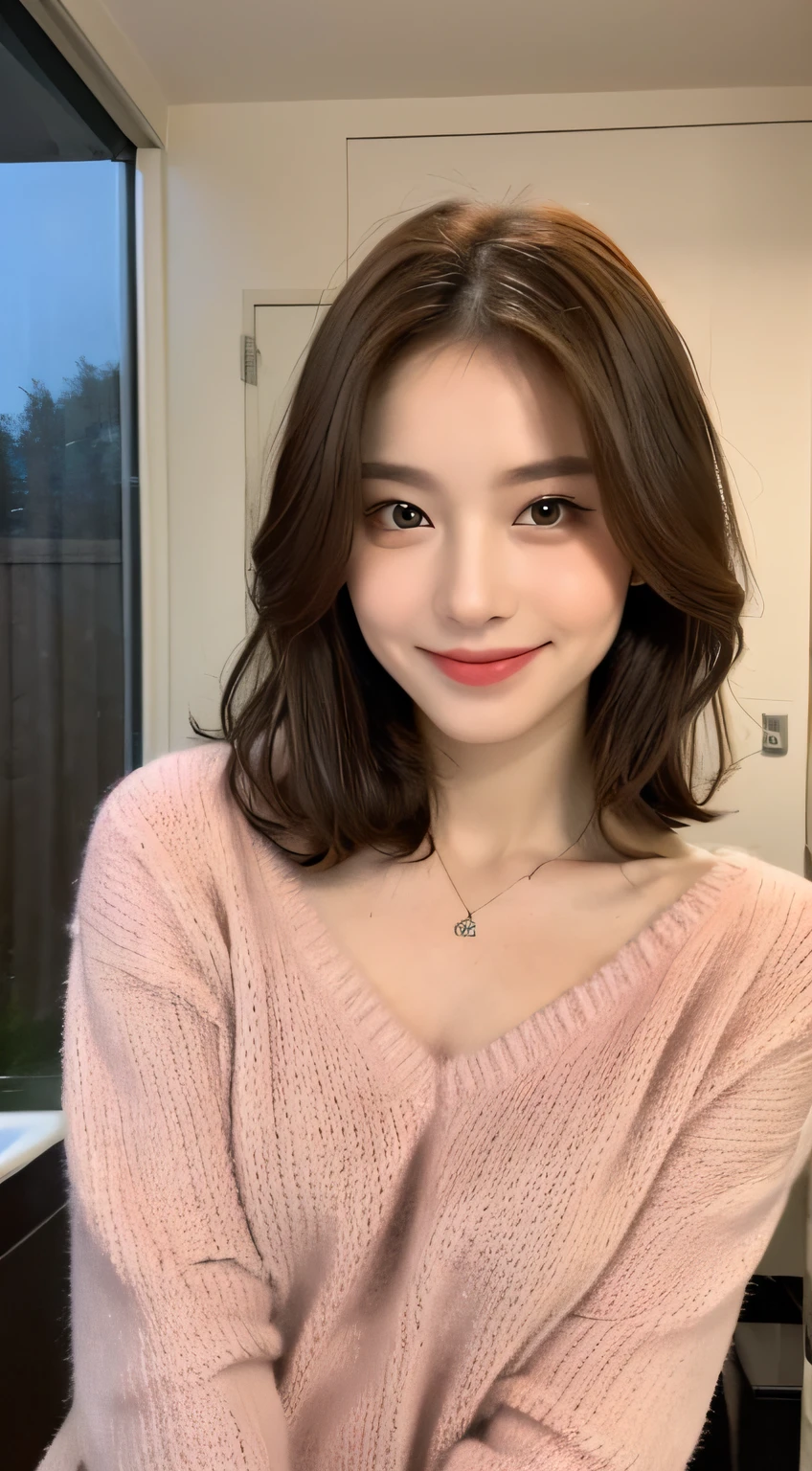 ((Night, Realistic Light, Best Quality, 8K, Masterpiece: 1.3)), 1 Girl, Plump Beauty: 1.4, Abs: 1.1, (Brown Hair, Medium Breasts: 1.3), Long Pink Sweater: 1.1, Bathroom, Super Beautiful Face, Delicate Eyes, Double Eyelids, Smile, Necklace, Katyusha