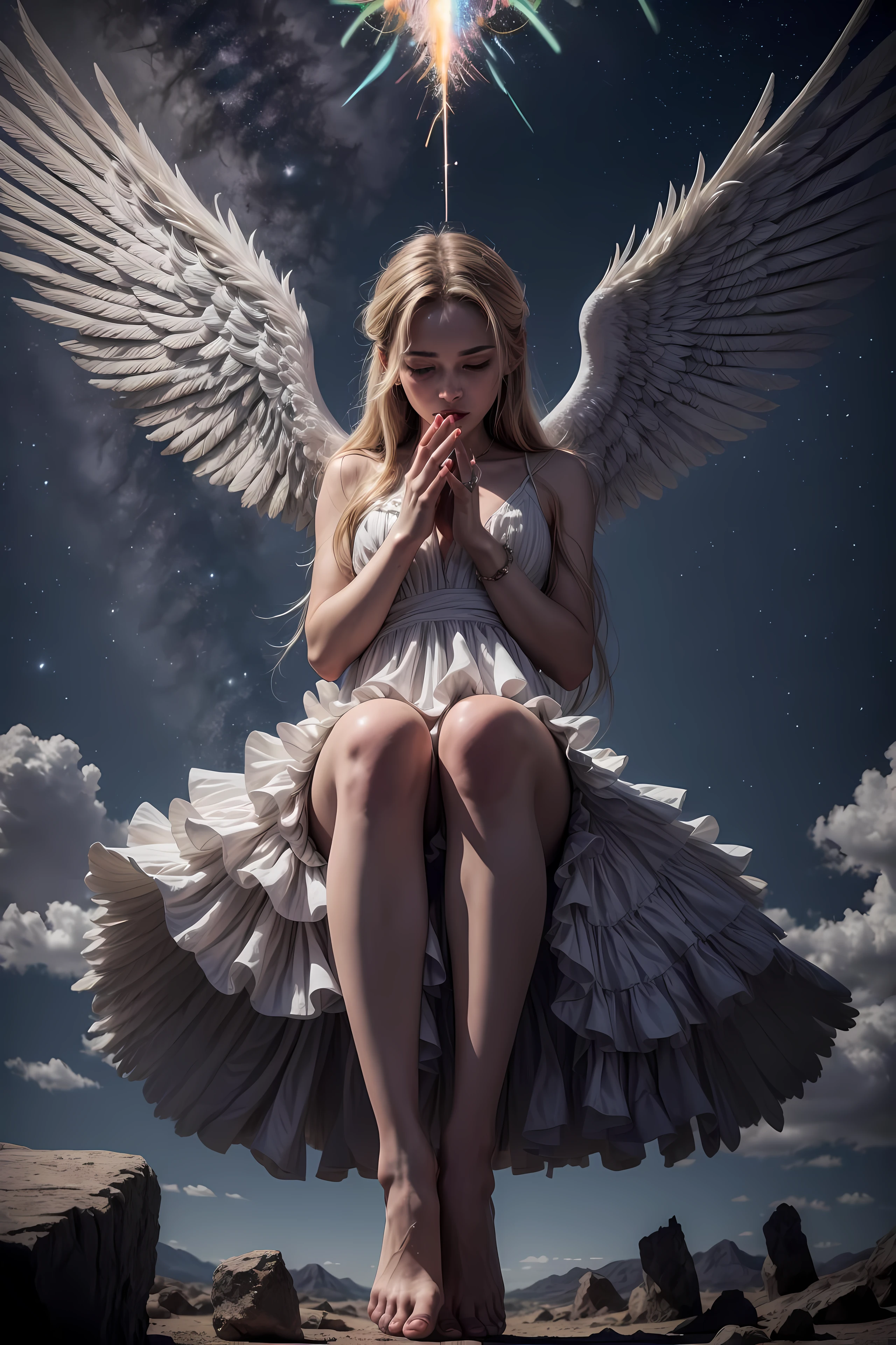 (masterpiece), (best quality:1.4), absurdres, [:intricate details:0.2], angel, angel wings, milky way, sky, shimmering aura, intense focus, crackling energy, mysterious symbols, sparkling motes,