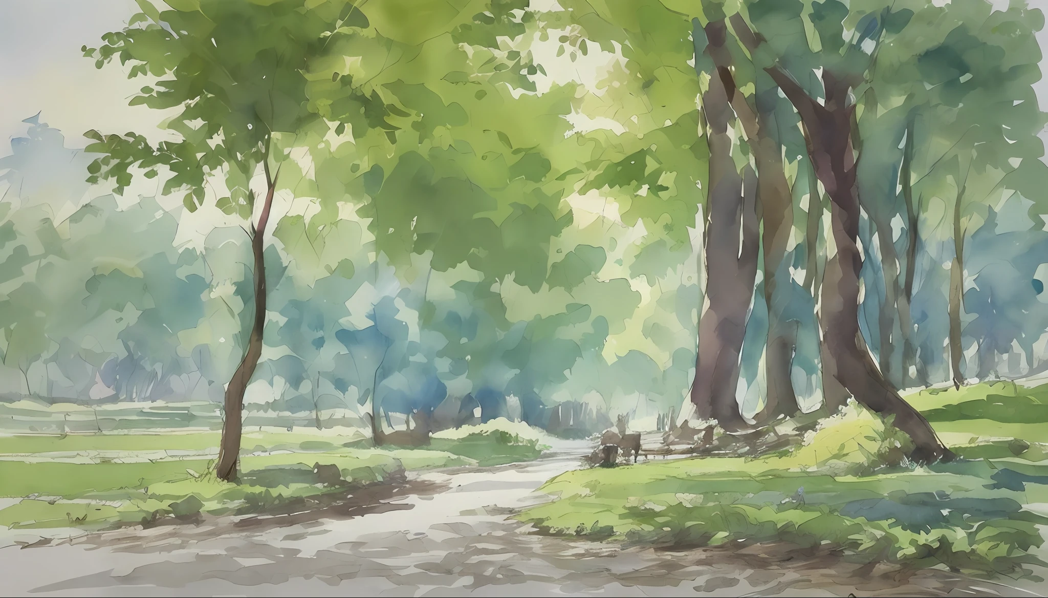 Ilya Viktorovich Ibryaev, famous Russian watercolor painter, watercolor painting, Tyndall effect, watercolor painting, fantasy village, trees, cloudy sky, shade, rich colors