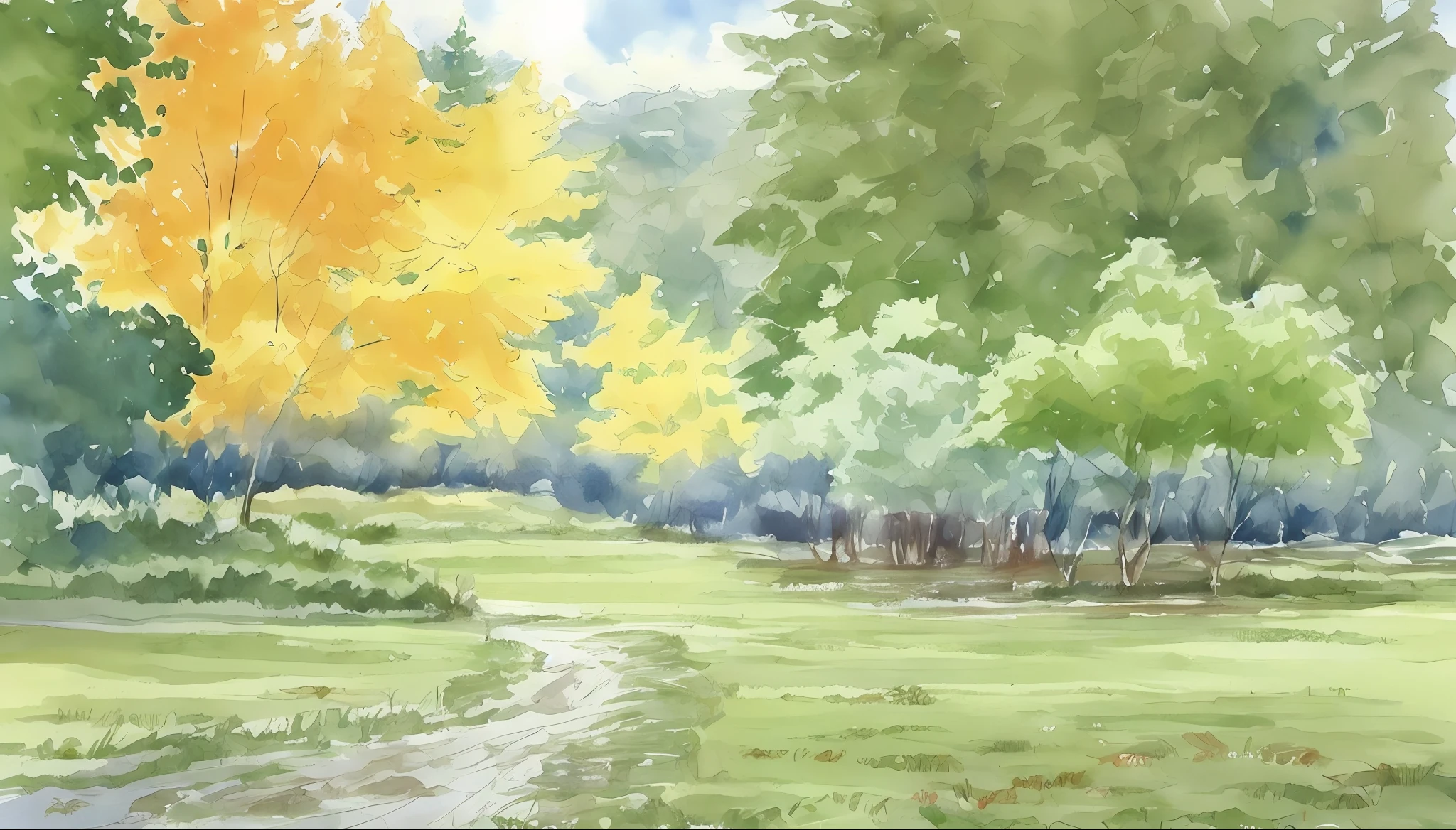 Ilya Viktorovich Ibryaev, famous Russian watercolor painter, watercolor painting, Tyndall effect, watercolor painting, fantasy village, trees, cloudy sky, shade, rich colors