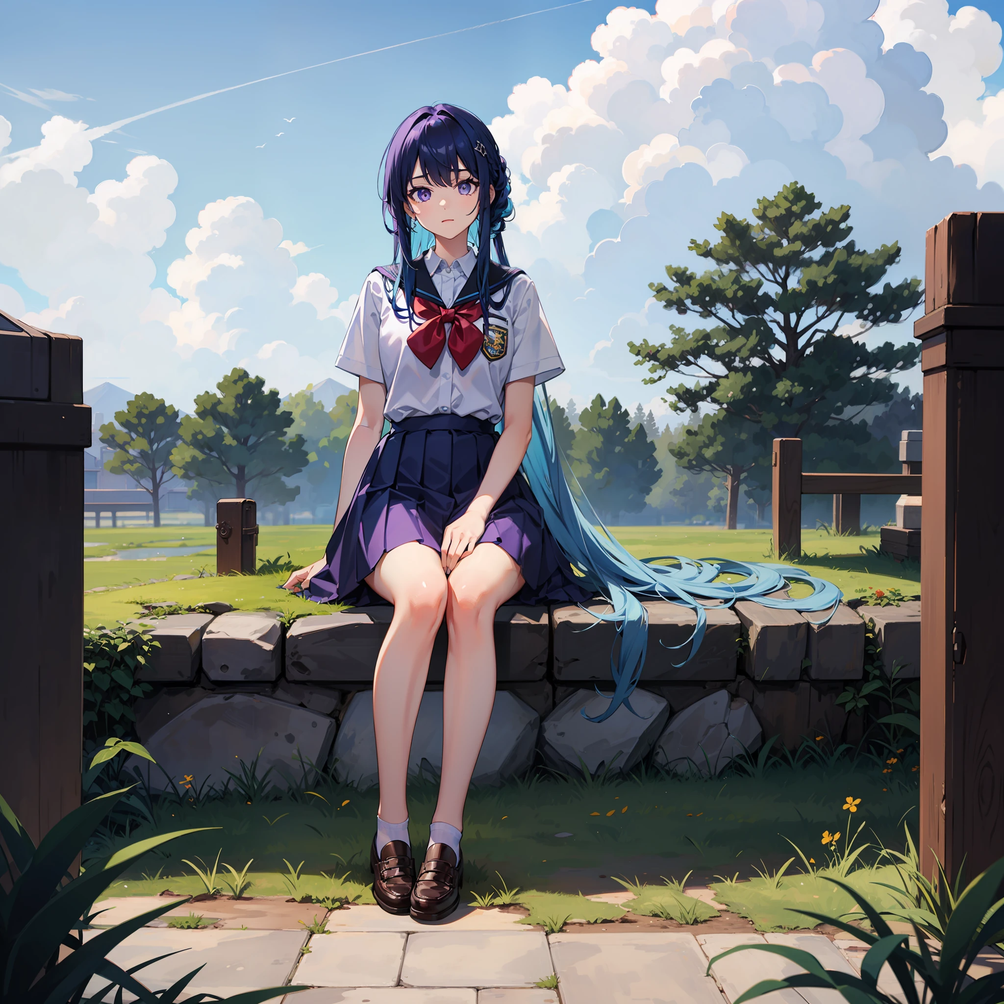 Blue hair, purple eyes, school uniform, cloudy sky, full body, grass, looking at the audience, Variza, double tail, front, blue hair, sitting down and holding legs