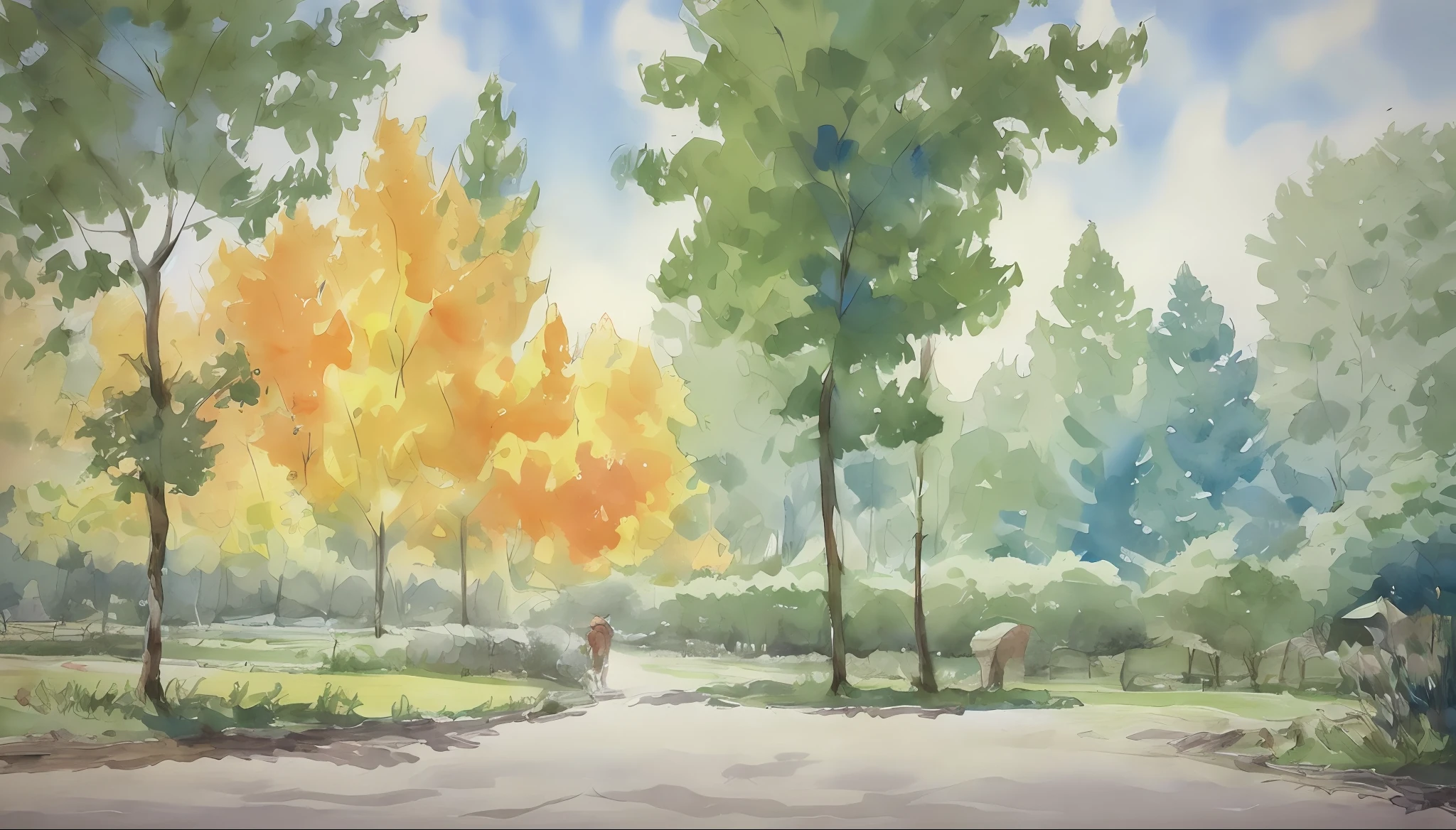 Ilya Viktorovich Ibryaev, famous Russian watercolor painter, watercolor painting, Tyndall effect, watercolor painting, fantasy houses, trees, cloudy sky, shade, rich colors