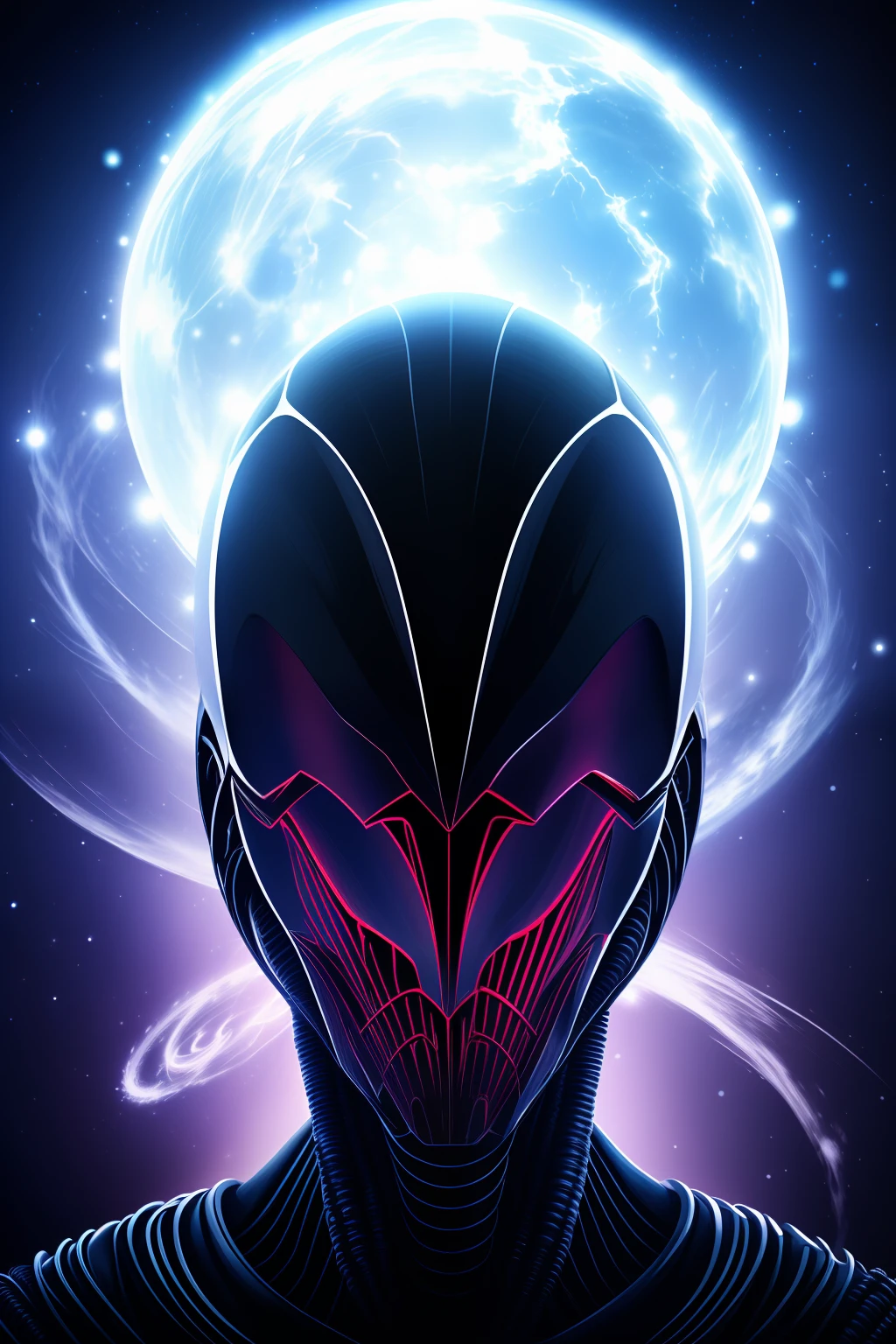 Ghostly portrait of a futuristic xenomorph alien from another dimension creator of the universe with powerful ancient magic unknown dimension