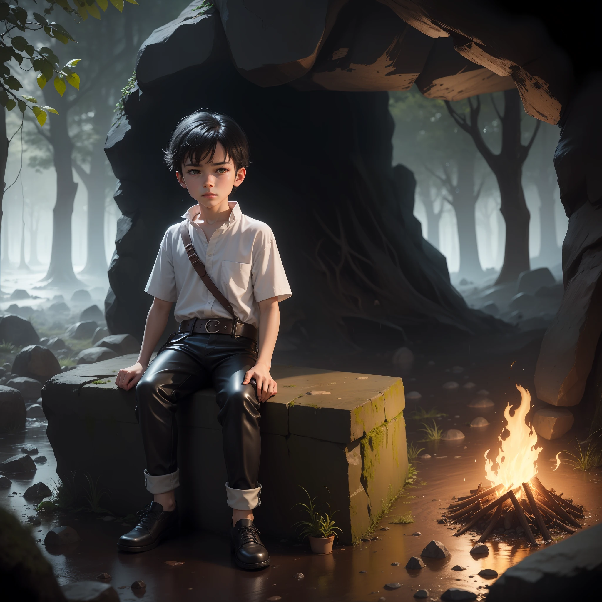 High quality realistic Anime style, high definition high quality realistic, shaded, photorealism, Ray tracing, 8k, uhd, masterpiece, small male kid (around 9yo) alone, young small body, peasent medieval clothes white shirt with belts and leather pants, dirty clothes, black hair, distinguish and strong colored yellow eyes, sitting holding his ones, with cold, on the entrance of a cave, strong rain, dark mood, strong tempest, serious and lost expression. Stone cave in a Forrest surrounded by rain and no sunlight, bonfire, night time, moonlight