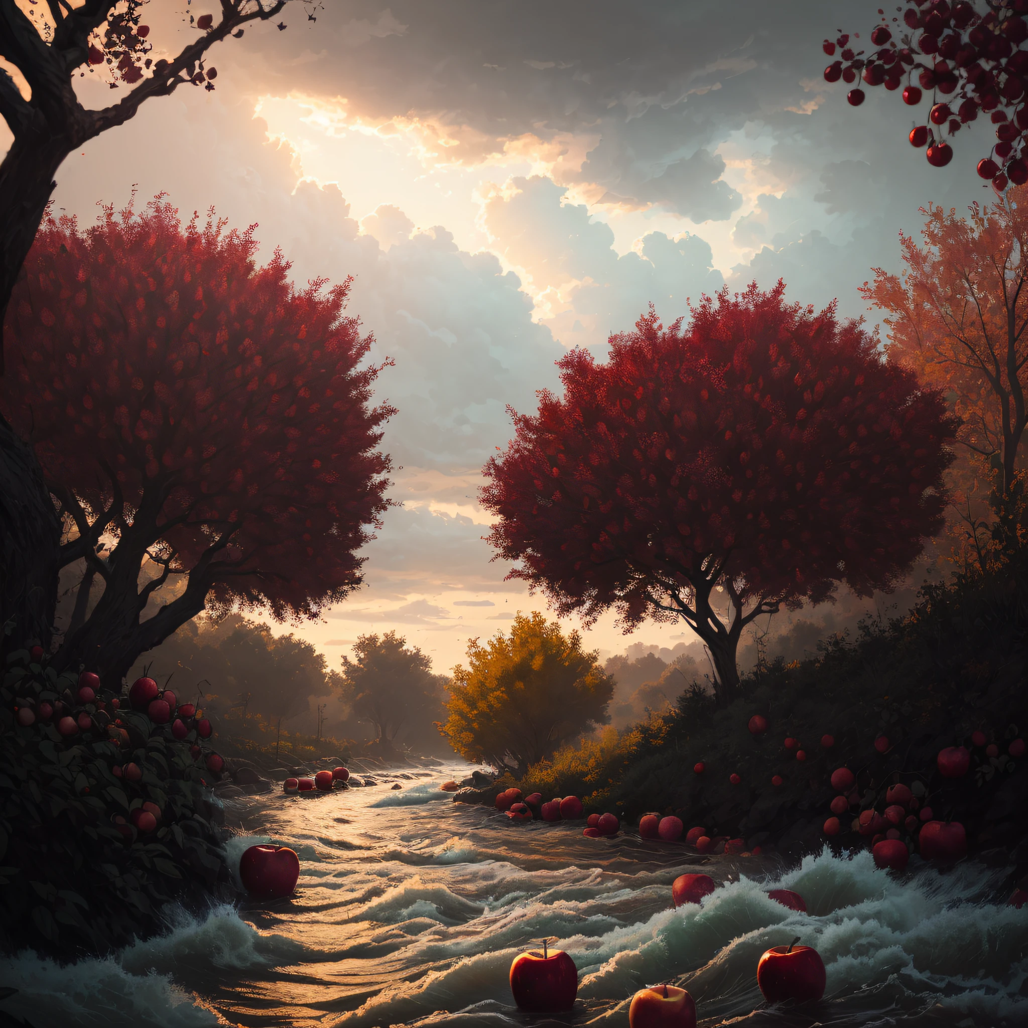 An apple tree with red apples, flooding of a raging river, river of violent waters, cloudy day, end of day, magic hour, realistic epic, portrait of, James Gilleard, by Joe Fenton, by Kaethe Butcher, yellow gradient, black, brown and magenta color scheme, grunge aesthetic!! soft cinematic light, adobe lightroom, photo lab, hdr, intricate, highly detailed, (depth of field: 1.4), faded, (neutral colors: 1.2), (hdr: 1.4) , (soft colors:1.2), hyperdetailed, (artstation:1.4), cinematic, warm lights, dramatic light, (intricate details:1.1), complex background, (rutkowski:0.66), (blue and orange:0.4)