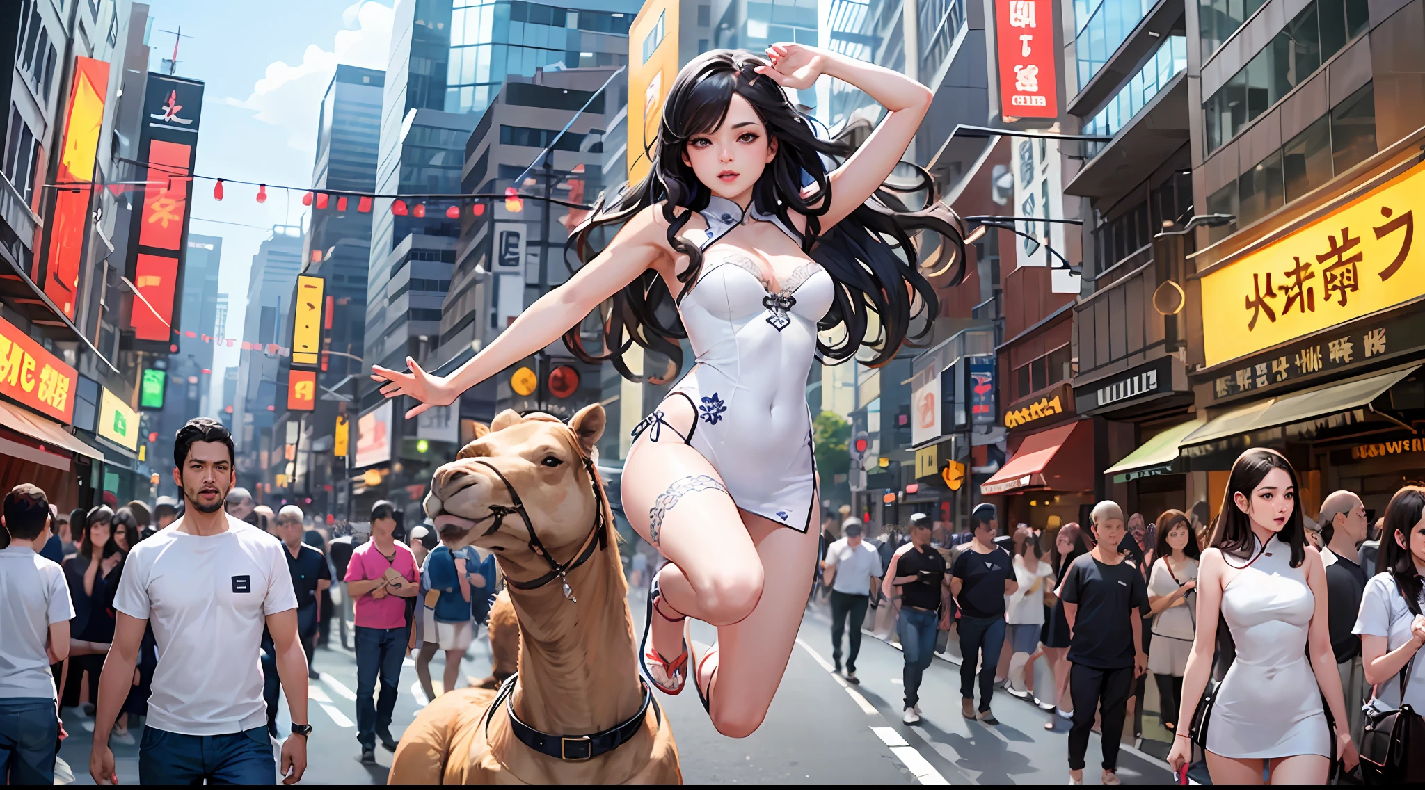 ulzzang-6500-v1.1, (original photo:1.2), (realistic:1.4), beautiful detailed japanese girl, very detailed eyes and face, beautiful detail eyes, slim_legs, ridiculous, incredibly ridiculous, huge file size, super detailed, high resolution, masterpiece, best quality, complex details, high detail, clear focus, detailed skin, realistic skin texture, texture, ((wearing white bandeau transparent lace cheongsam)), illustration, very detailed, CG, unity, 8k wallpaper, amazing, fine detail, masterpiece, best quality ultra-realistic, photo realism, 8K ultra hd, very detailed CG unified 8k wallpaper, face light, movie lights, 1 girl, , all over, long black curly hair, left Japanese bustling street background, (crowd: 1.2), ((jump, dynamic pose: 0.8))), ((full body, in an alluring pose))), (camel toes),