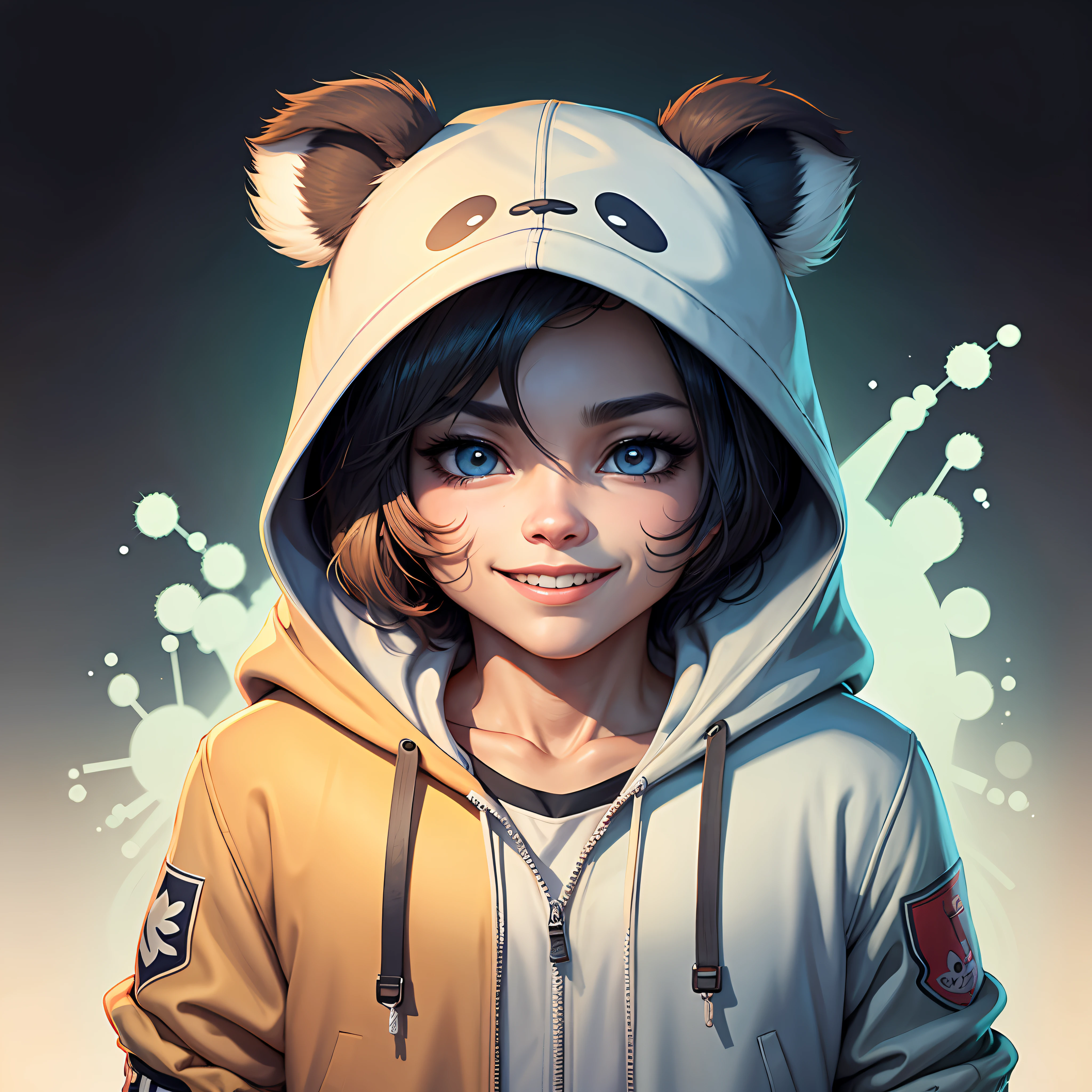 A panda with colorful eyes and a perky smile in a baseball cap and a wide hooded jacket