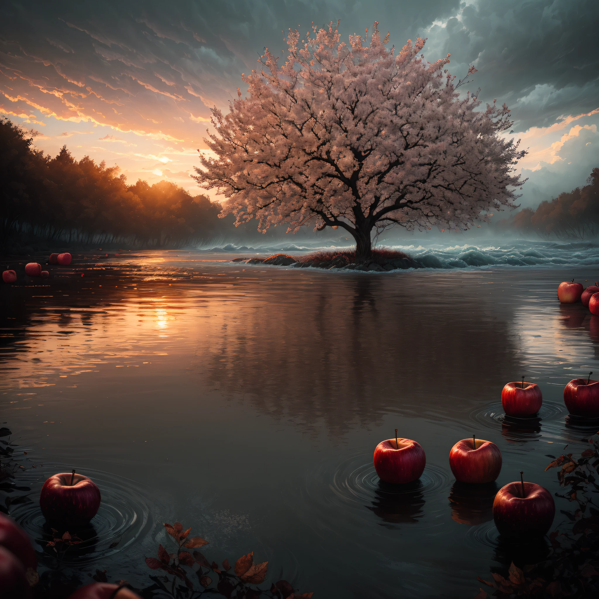 An apple tree with red apples, flooding of a raging river, river of violent waters, cloudy day, end of day, magic hour, realistic epic, portrait of, James Gilleard, by Joe Fenton, by Kaethe Butcher, yellow gradient, black, brown and magenta color scheme, grunge aesthetic!! soft cinematic light, adobe lightroom, photo lab, hdr, intricate, highly detailed, (depth of field: 1.4), faded, (neutral colors: 1.2), (hdr: 1.4) , (soft colors:1.2), hyperdetailed, (artstation:1.4), cinematic, warm lights, dramatic light, (intricate details:1.1), complex background, (rutkowski:0.66), (blue and orange:0.4)