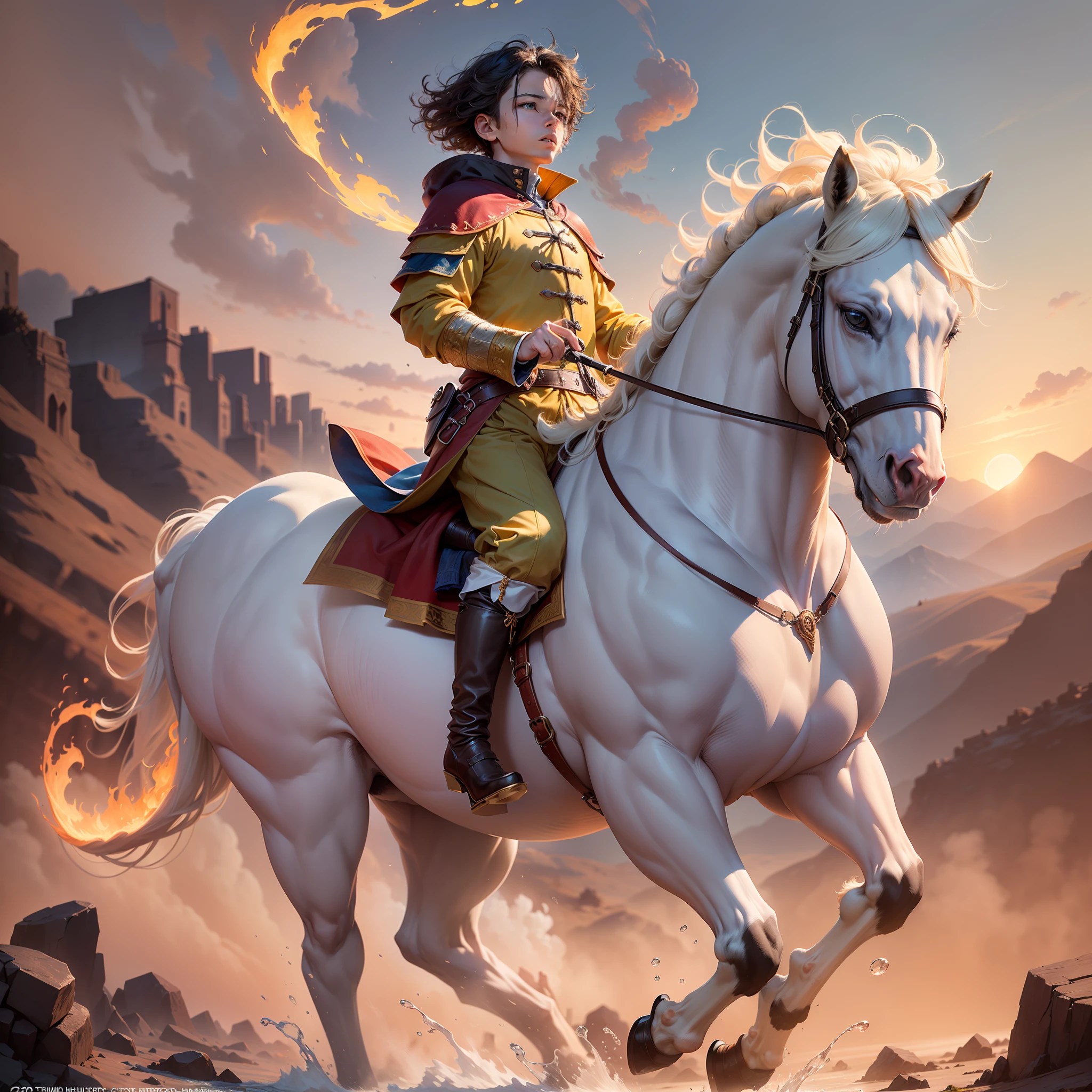 **((((A young boy dressed in medieval attire stands triumphantly atop a mighty white stallion)))), both bathed in the warm light of a setting sun. ((((The boy has a perfect slim full body)))), ((((he has a beautiful face)))). ((((He has short hair)))), his expression is proud and confident, (((((The boy has very short hair))))). ((((The stallion's glistening coat and wild mane give the appearance of a creature born of fire, water, and earth)))). The background is lush, with rolling hills, a distant castle, and a rainbow spanning the sky.((epic fantasy, golden hour)), Best quality, high quality, high res, high resolution fix, ((((this scene is captured in stunning high definition)))), show his complete perfect full body, realistic, masterpiece, best quality, high quality, high resolution, amazing lighting, detail enhancement, most beautiful image in the world, 8k resolution, highly detailed, awe inspiring, hd, ((no facial hair)), ((best quality)), ((masterpiece)), (high-resolution:1.2)** - Upscaling by --auto --s2