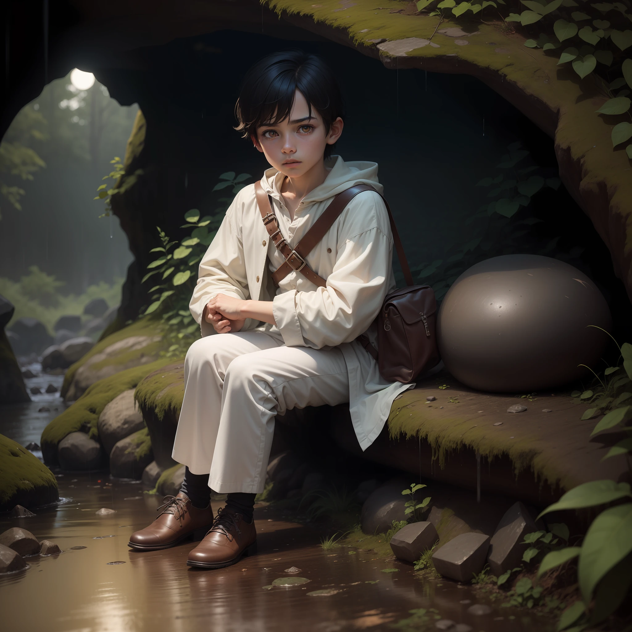 High quality realistic Anime style, high definition high quality realistic, shaded, photorealism, Ray tracing, 8k, uhd, masterpiece, small male kid (around ) alone, young small body, peasent medieval clothes white shirt with belts and leather pants, dirty clothes, black hair, distinguish and strong colored yellow eyes, sitting holding his ones, with cold, on the entrance of a cave, strong rain, dark mood, strong tempest, serious and lost expression. Stone cave in a Forrest surrounded by rain and no sunlight, bonfire, night time, moonlight