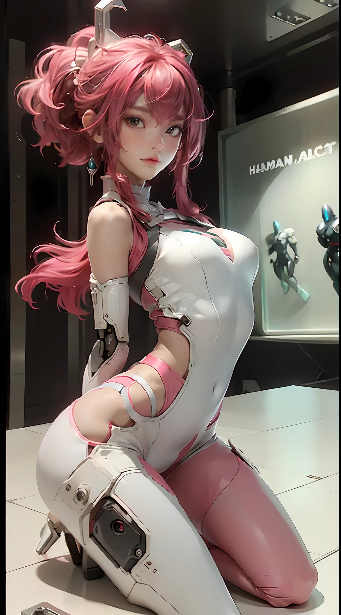 sitting, ruined city background, pink color, head and full body and full legs, Extremely cute human eighteen year old girl face, human torso, human huge boobs, human abdomen, human hips, human arms, mechanical legs, arms and legs with hard white shiny shell and black joints, very beautiful and feminine, short, petite, small, small, busty buttocks, medium bust, cleavage display, flat belly display, partial helmet with antenna on the ear, black robot joints, very stylish, award-winning product design, black rubber tights, The shiny white metal breastplate opens at the cleavage and abdomen, the white metal buttocks are wrinkled, and the armor has stylish, glowing trims