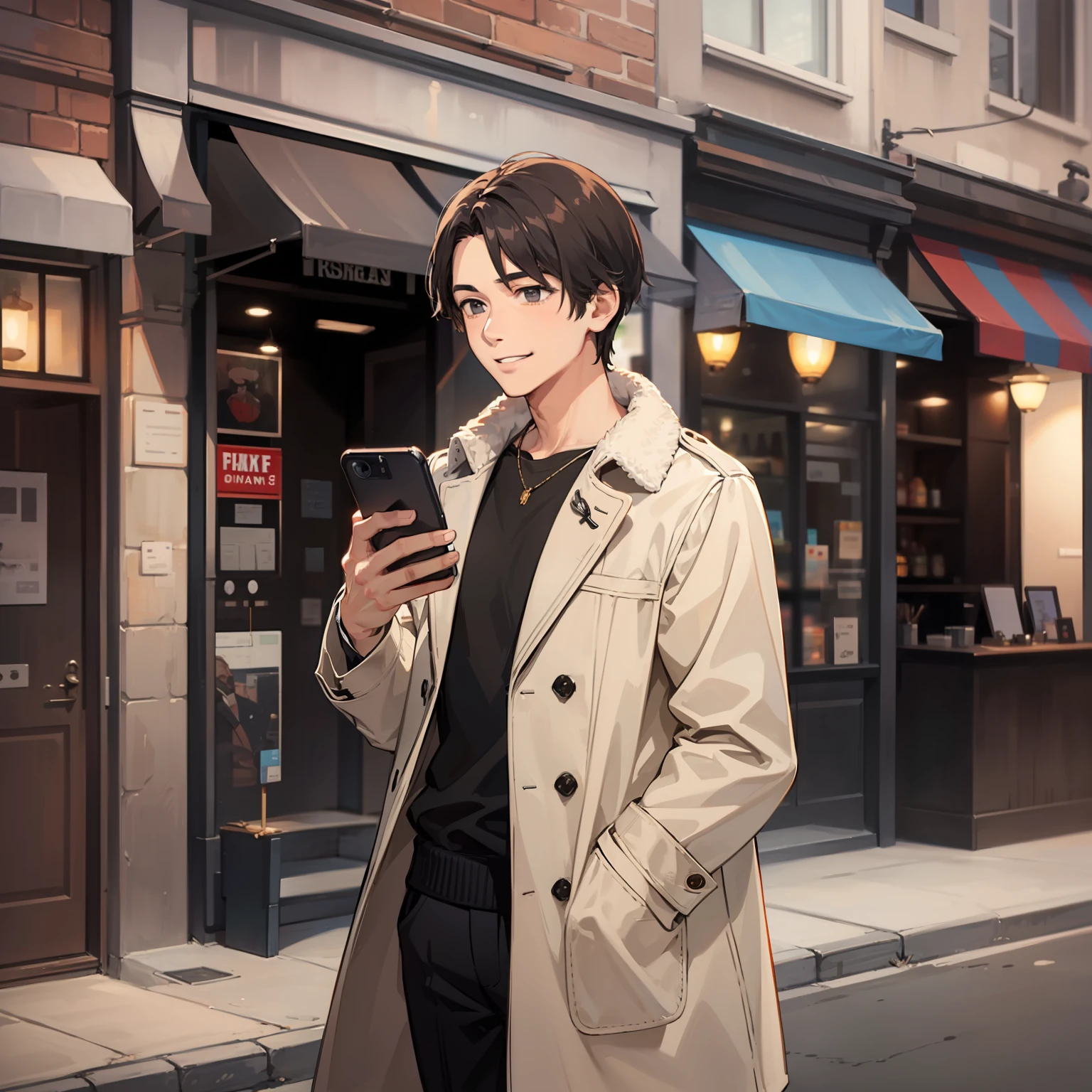 A man in a casual coat looks down at his phone and smiles