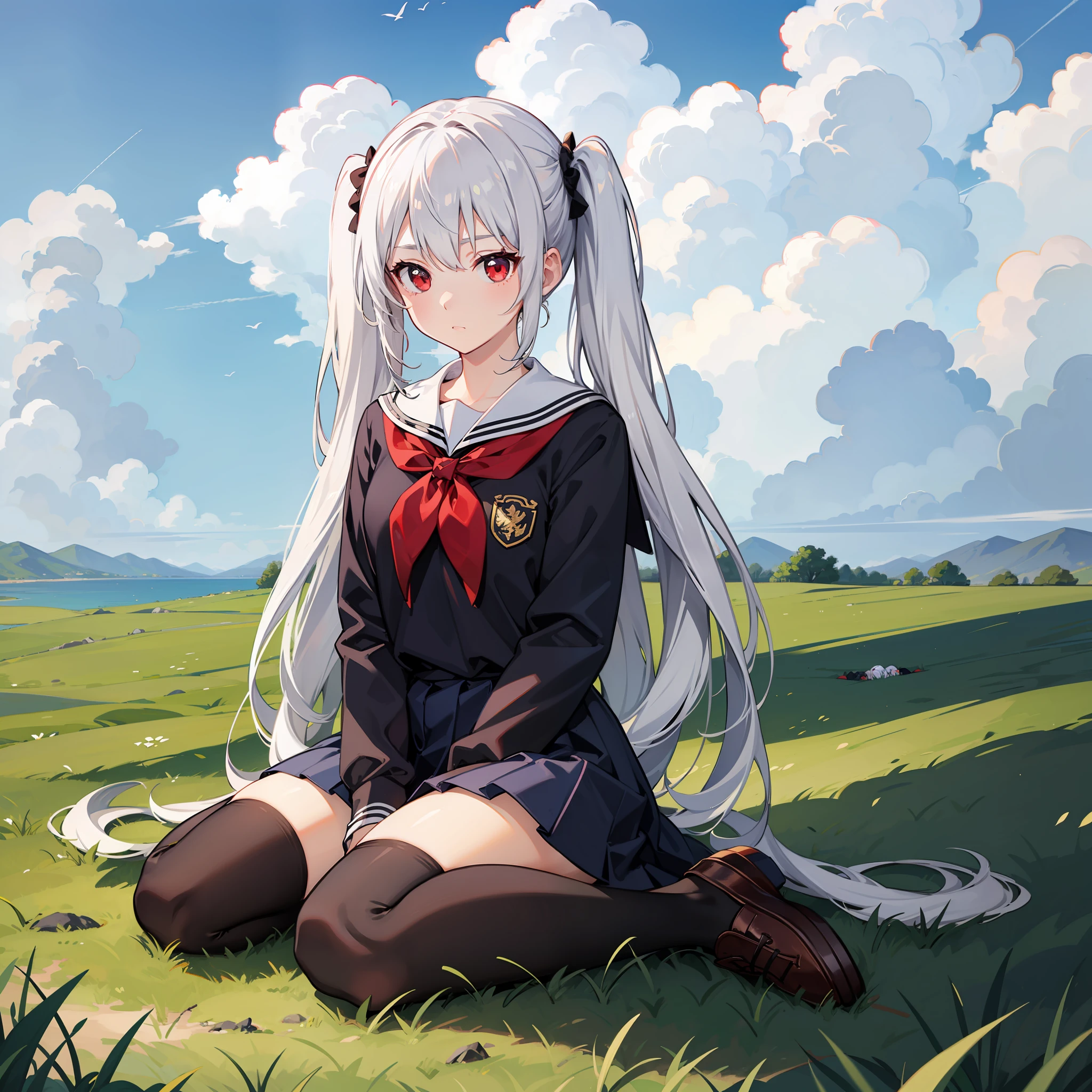 white hair, red eyes,school uniform, cloudy sky, full body, grass,looking at viewer, wariza, twintails,front,silver hair, sit,