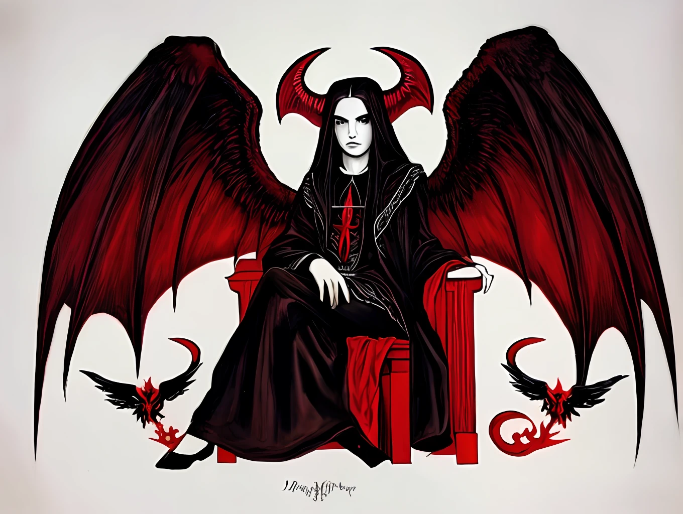 a black and red drawing of an angel sitting on a throne, baphomet, satanism, satanic body, lucifer, of lucifer, ((((occult art)))), occult inspired, dagoth ur, satanic wings, satanic symbolism, satanic ritual, with hellish devil wings, in style the demon seated, aleister crowley with baphomet, asmodeus
