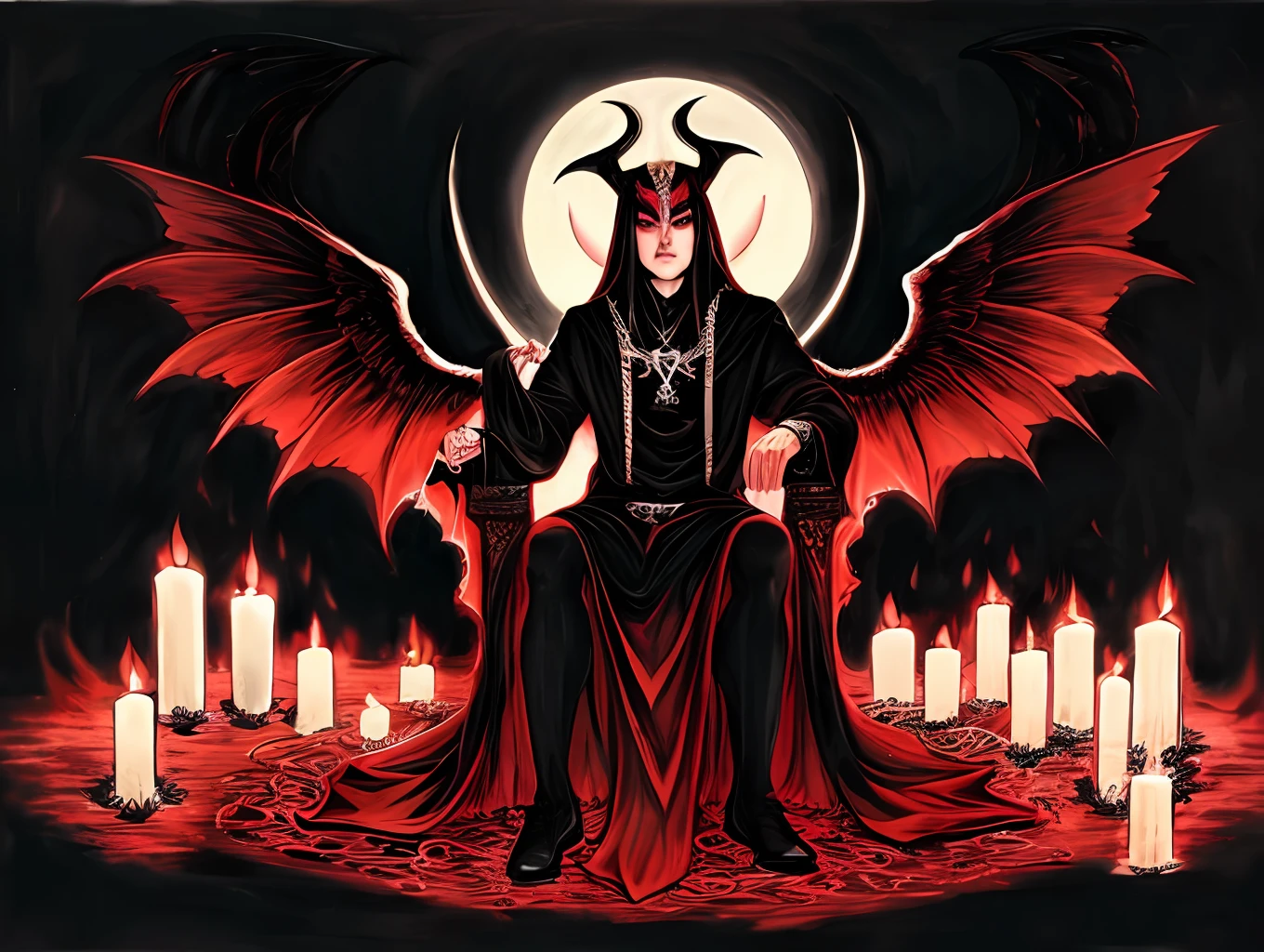 a black and red drawing of an angel sitting on a throne, baphomet, satanism, satanic body, lucifer, of lucifer, ((((occult art)))), occult inspired, dagoth ur, satanic wings, satanic symbolism, satanic ritual, with hellish devil wings, in style the demon seated, aleister crowley with baphomet, asmodeus