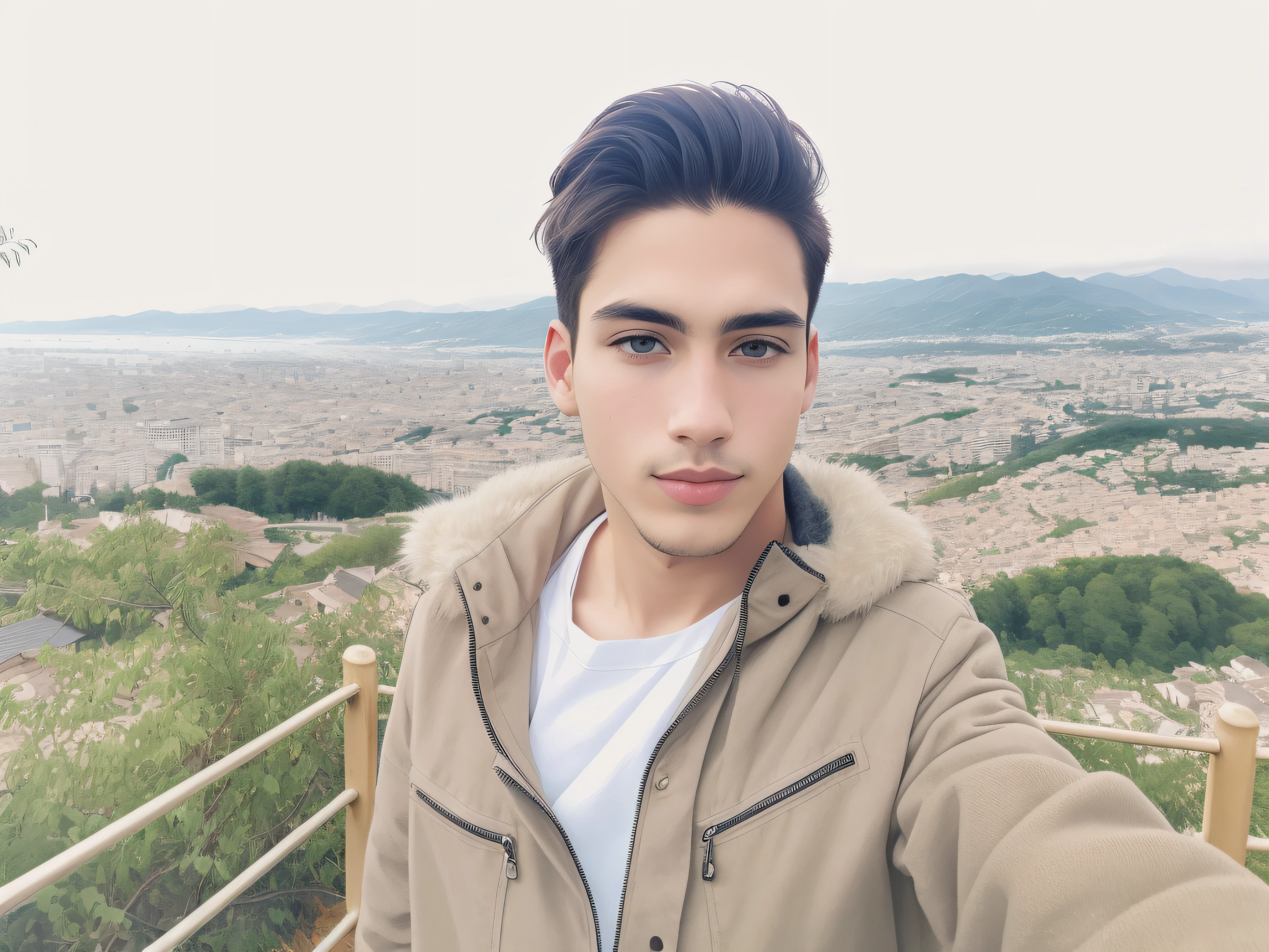 the most beautiful artwork in the world featuring a young and modern man, wears sack vage, beautiful face, behind him there are mountains that meet the city, High detail, Sharp focus