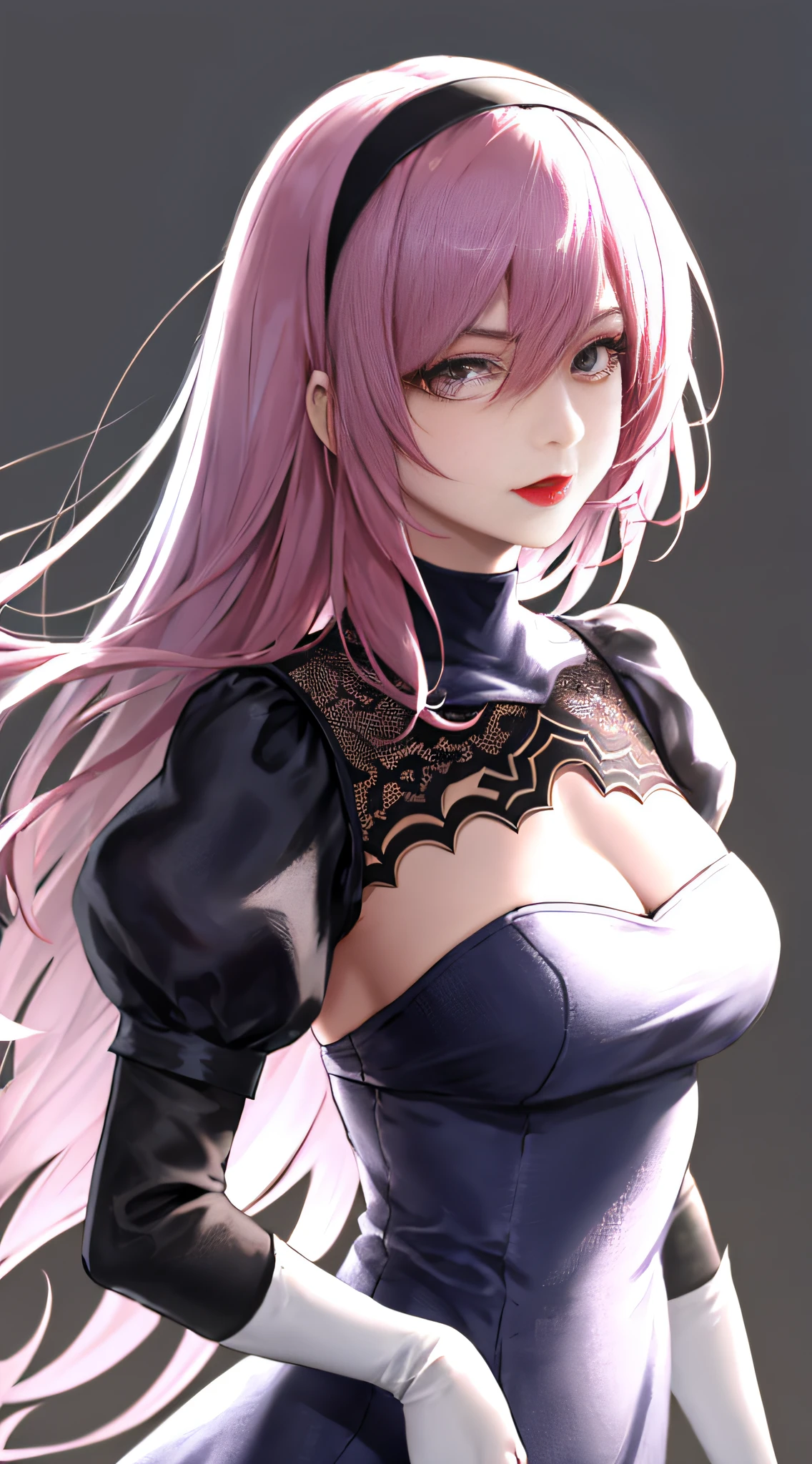 Yorra didn't. 2 Type B, 1girl, Wlop, breasts, neckline, neckline cutout, clothing cutout, Shinobi clothes, Dark background, hair between eyes, Hair Band, Highres, Juliet Sleeves, Long Sleeves, Nier (series), Nier Automata, Puffy Sleeves, Red Lips, Shaded Face, Long Wavy Pink Hair, Solo, Purple Dress with Black Details, 8K