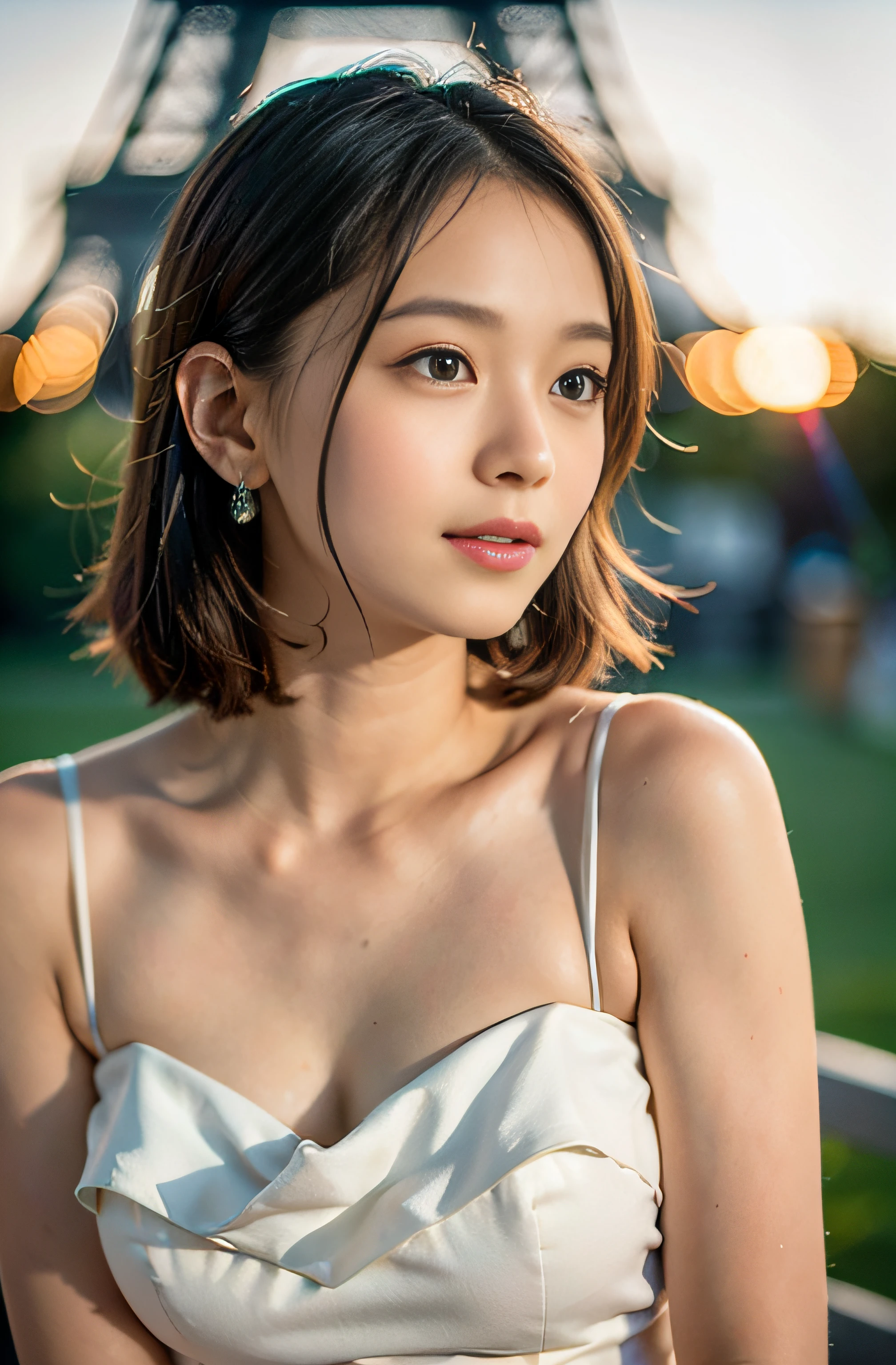 ((((Full body photo))), (((Rembrandt lighting)))), ((Sunset backlight))), (Lens flare)),((Bright red wedding dress)),((Super Soft Focus))))), Smile, (Profile )))))), (Looking into the Distance)), Twilight, Shower and surrounded by colorful hydrangeas, Hydrangeas in background, ((Soft sunset)), (Yinchuan:1.5), masterpiece, best quality, original photo, realistic, face, beautiful girl, cute, short hair, ((((Depth of Field)))), High resolution, Ultra Fine Detail, Fine Detail, Very Detailed, cinematic lighting, Eiffel Tower in the background.