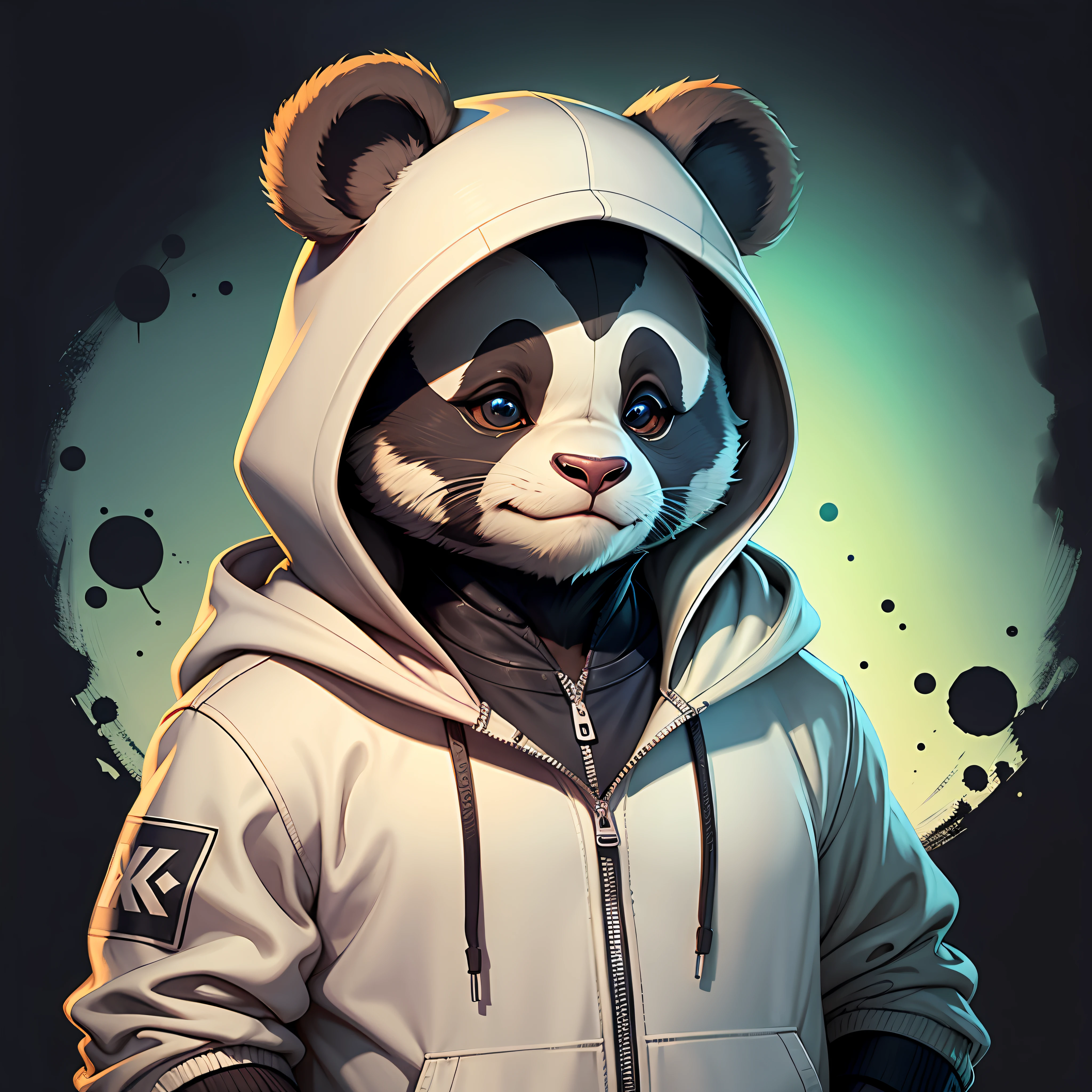 c4tt4stic, A panda with colorful eyes and a perky smile in a baseball cap and a wide hooded jacket