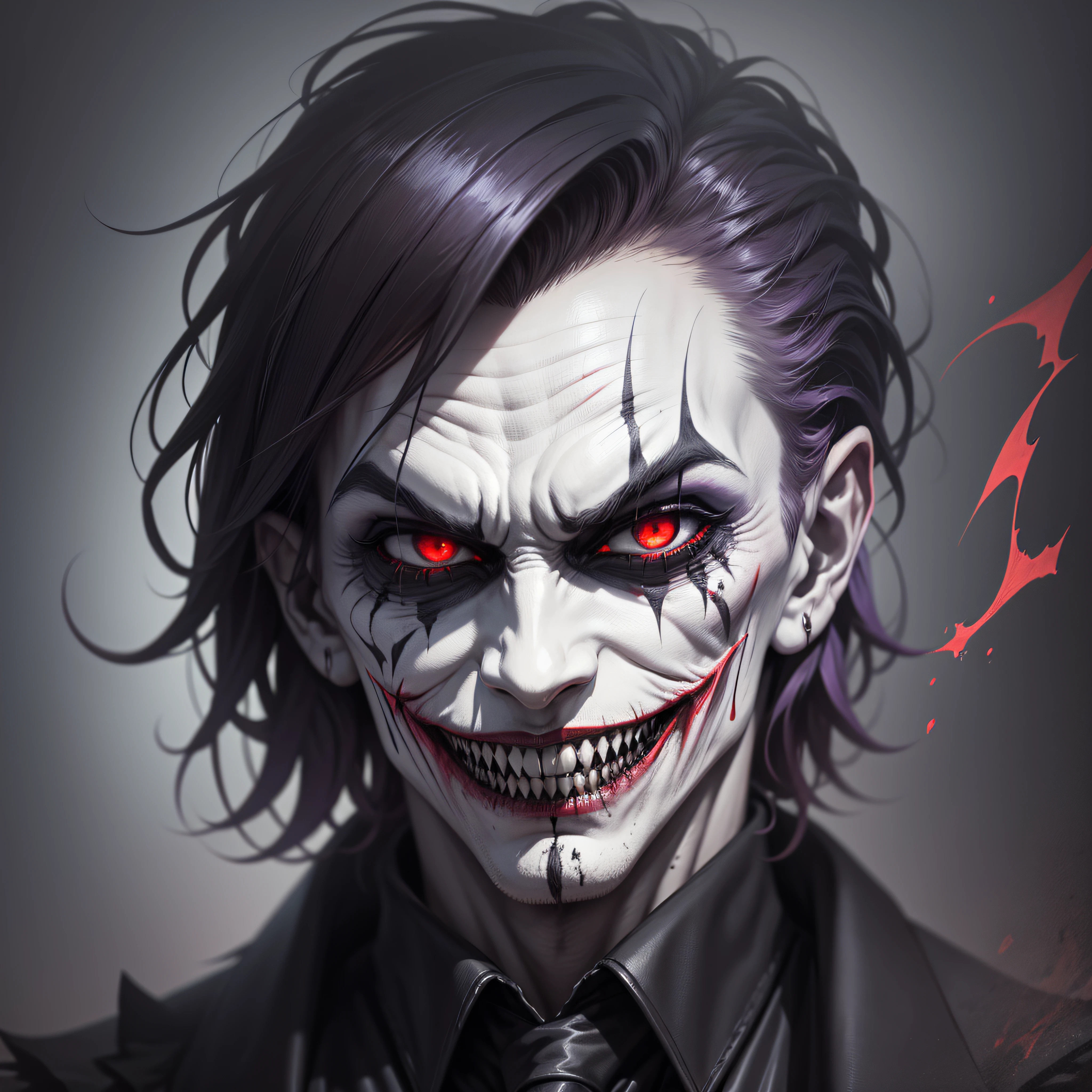dark joker, sorting sharp teeth, red eyes black outfit